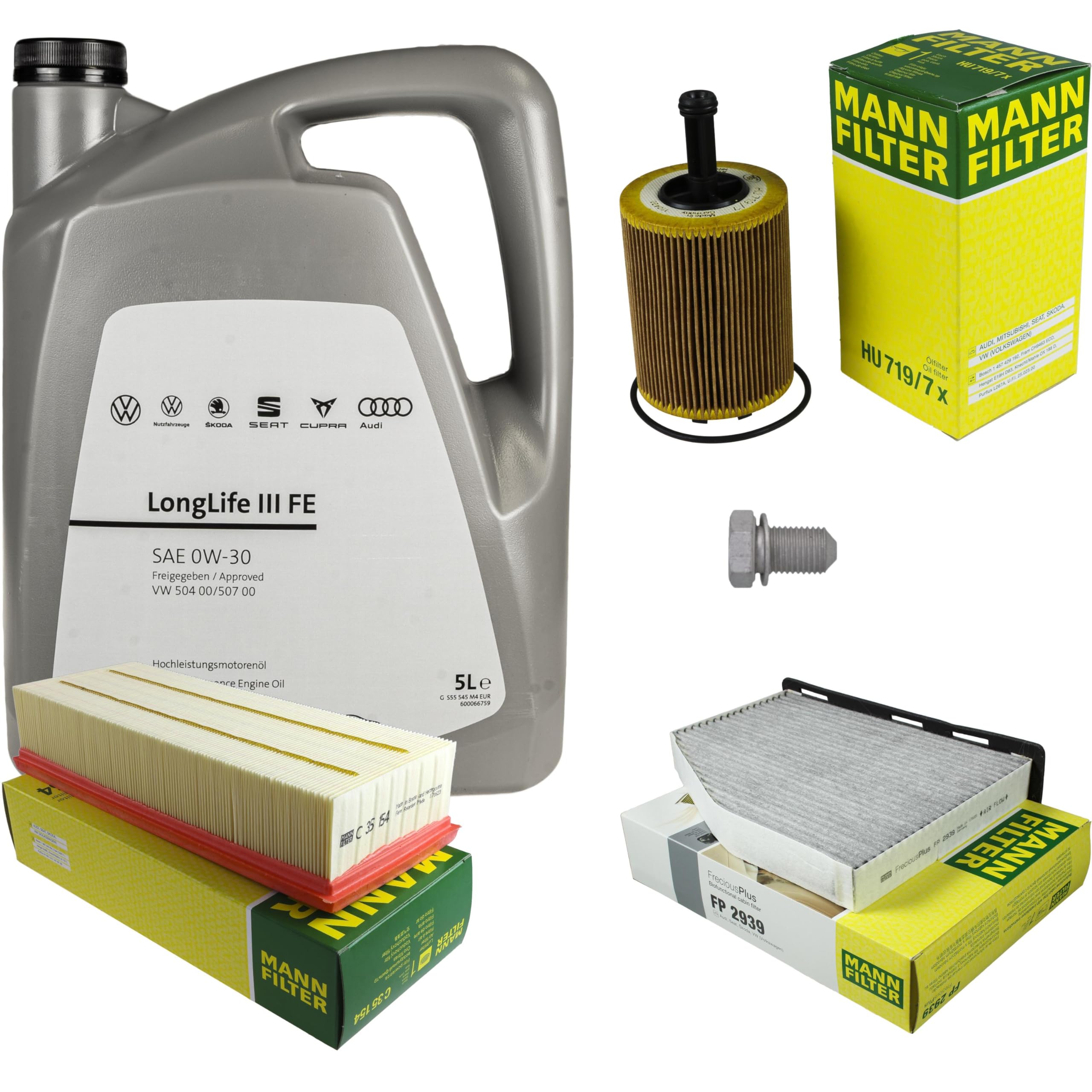 Pacchetto di ispezione pacchetto di manutenzione filtro con 5 l 0W-30 olio motore LongLife 3 FE, filtro dell'olio, filtro dell'aria abitacolo (carbone attivo) vite di scarico dell'olio