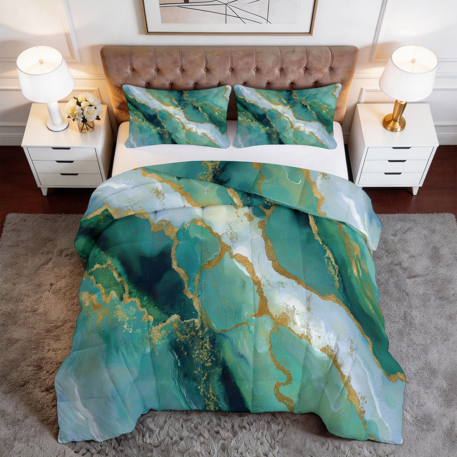 Marmo Verde E Bianco Piumone Stampato Adulto 140 x 200 cm, Arte di Lusso Trapunta 4 Stagioni senza Fodera Camera Principale Hotel Edredon Piumini Trapuntati Reversibile Caldo