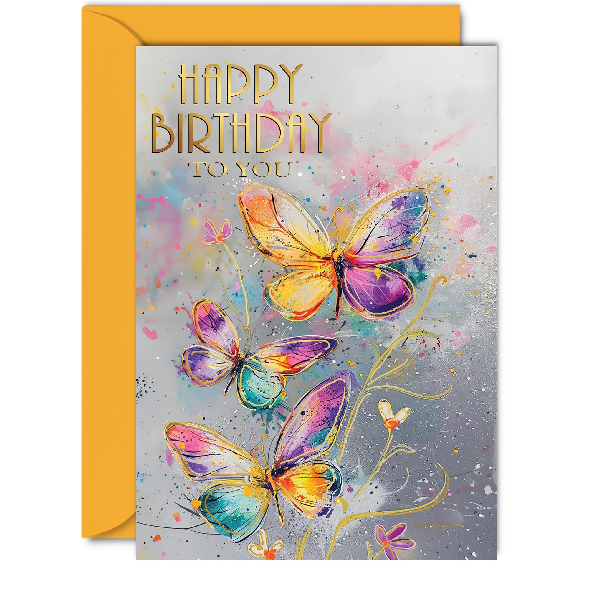 Beautiful Gold Birthday Cards for Women Her - Beautiful Butterflies - Elegant Traditional Pretty Birthday Card for Mum Daughter Grandma Auntie Granddaughter, 5x7 Inch Gorgeous Greeting Cards Gift