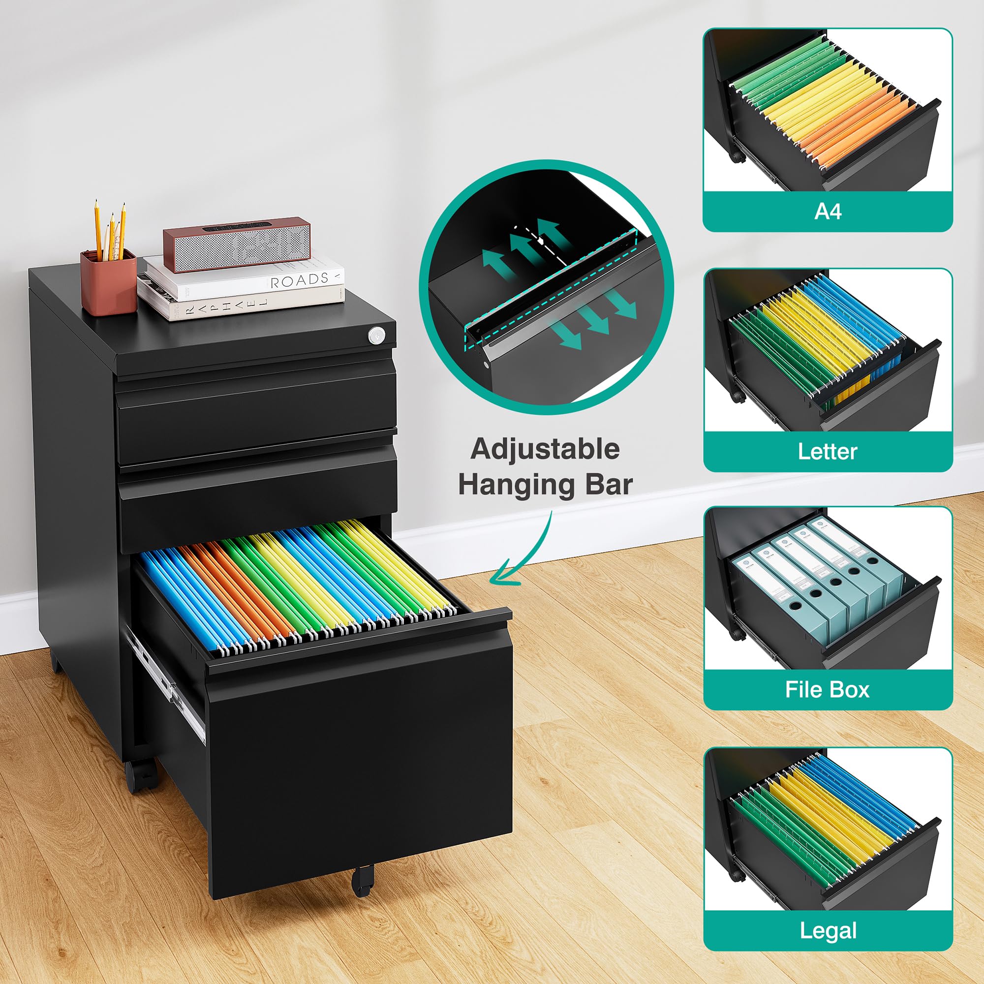 Archivador de 3 cajones con cerradura, archivador debajo del escritorio con ruedas, archivadores rodantes negros, archivador de metal de tres cajones para oficina en casa, apto para archivos A4/carta