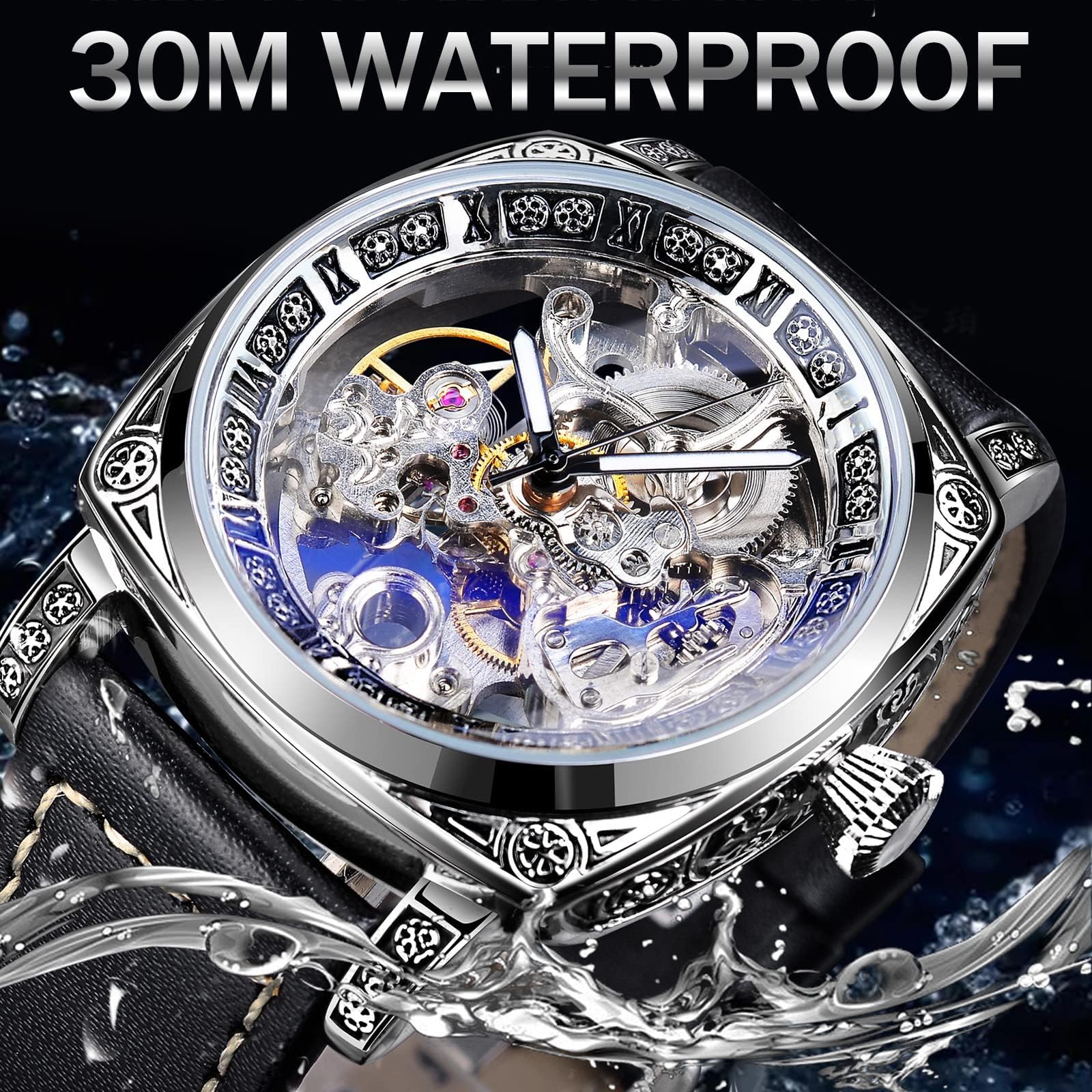 Reloj mecánico retro cuadrado de lujo para hombre, magnífico esqueleto hueco tallado automático relojes vintage correa de cuero reloj de pulsera plateado Dail correa negra, plateado, 7