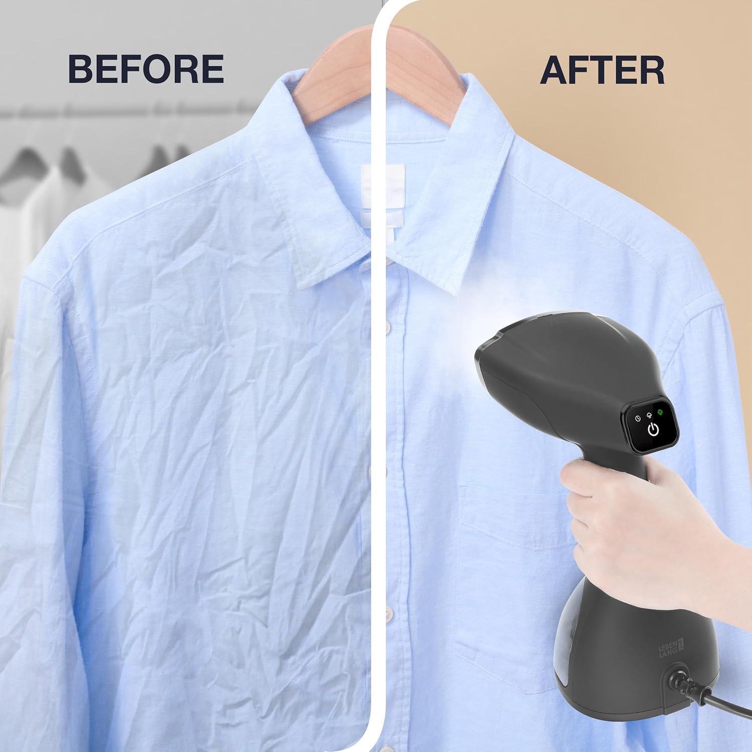 Before and after steaming a wrinkled shirt with LEBENLANG steamer