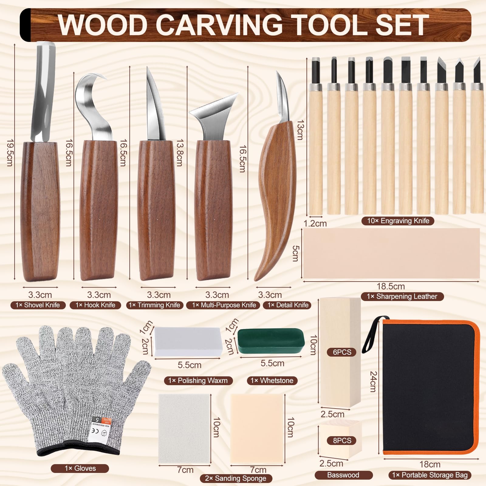 Juego de 36 Herramientas para Tallar Madera, Set de Tallado de Madera con 5 Cuchillos de Tallar 10 Cuchillos de Detalles 14 Bloques de Tilo y Accesorios para Principiantes y Profesionales