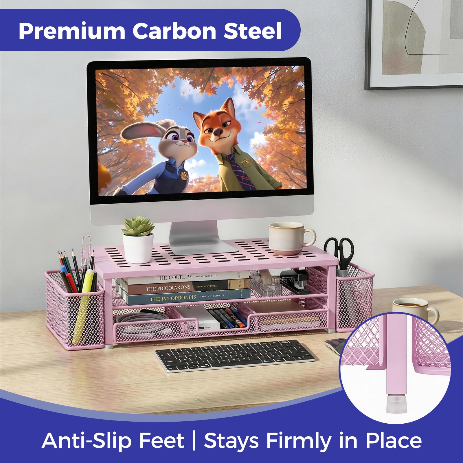 Supporto per monitor in metallo, supporto per scrivania da ufficio con cassetto, accessori da scrivania e 2 portapenne, per stampante, notebook (rosa)