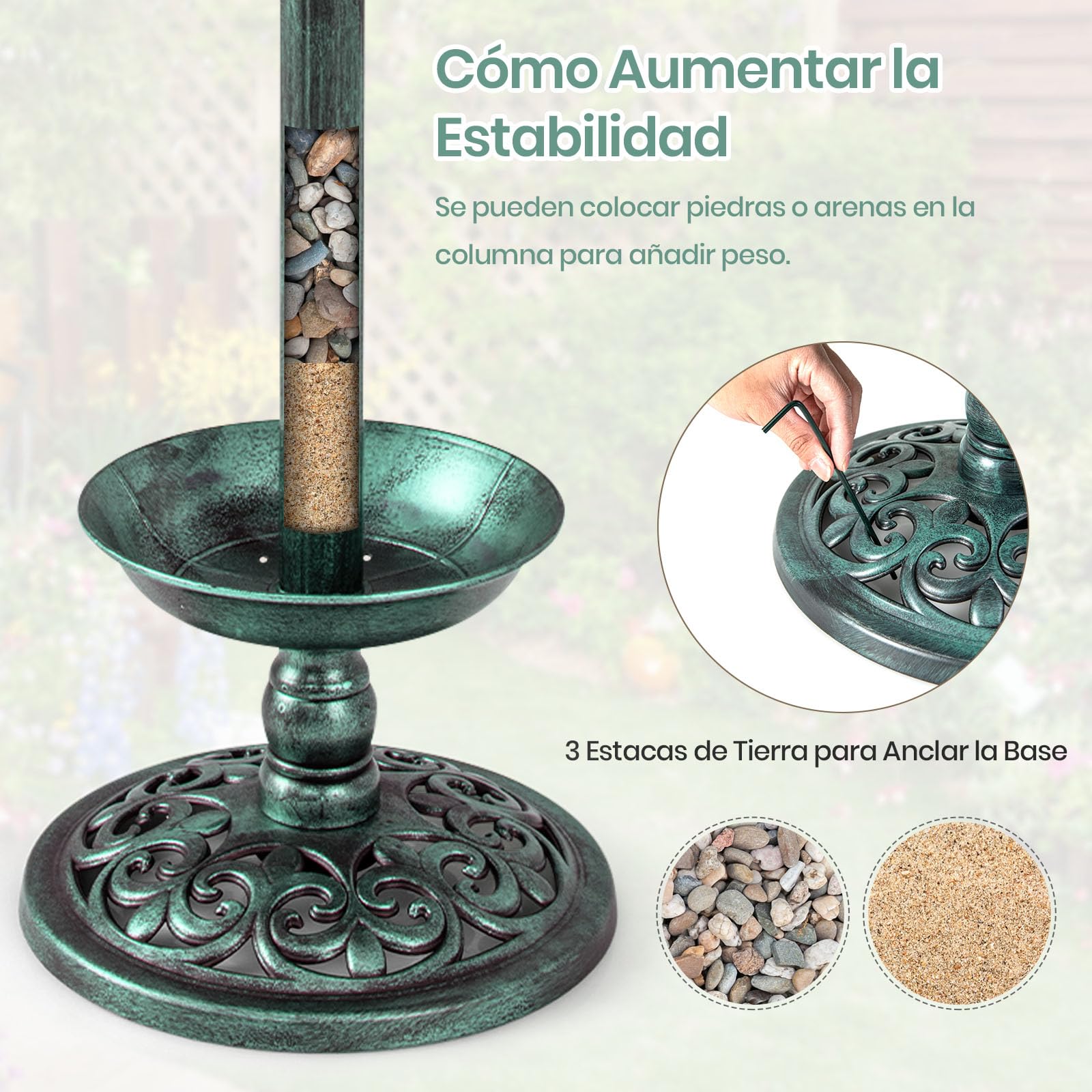 GYMAX Comedero y Baño para Pájaros Exterior, Bebedero Pajaros con 2 Lámparas Alimentadas por Energía Solar, Macetero de Flores, Soporte Rellenable, Bañeras para Decorativas de Jardín y Bosque