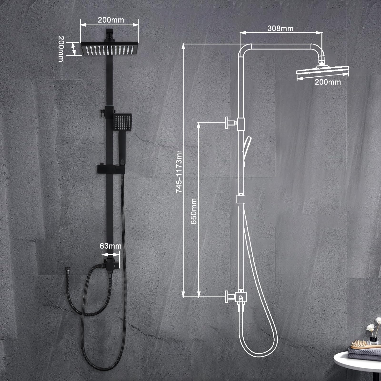 HOMELODY Colonne de Douche Noir Sans Mitigeur Pluie Mélangeur Acier Inoxydable Ensemble de Douche Salle de Bain Angulaire Ajustable Colonne Douche Sans Robinetterie avec Pommeau de Douche