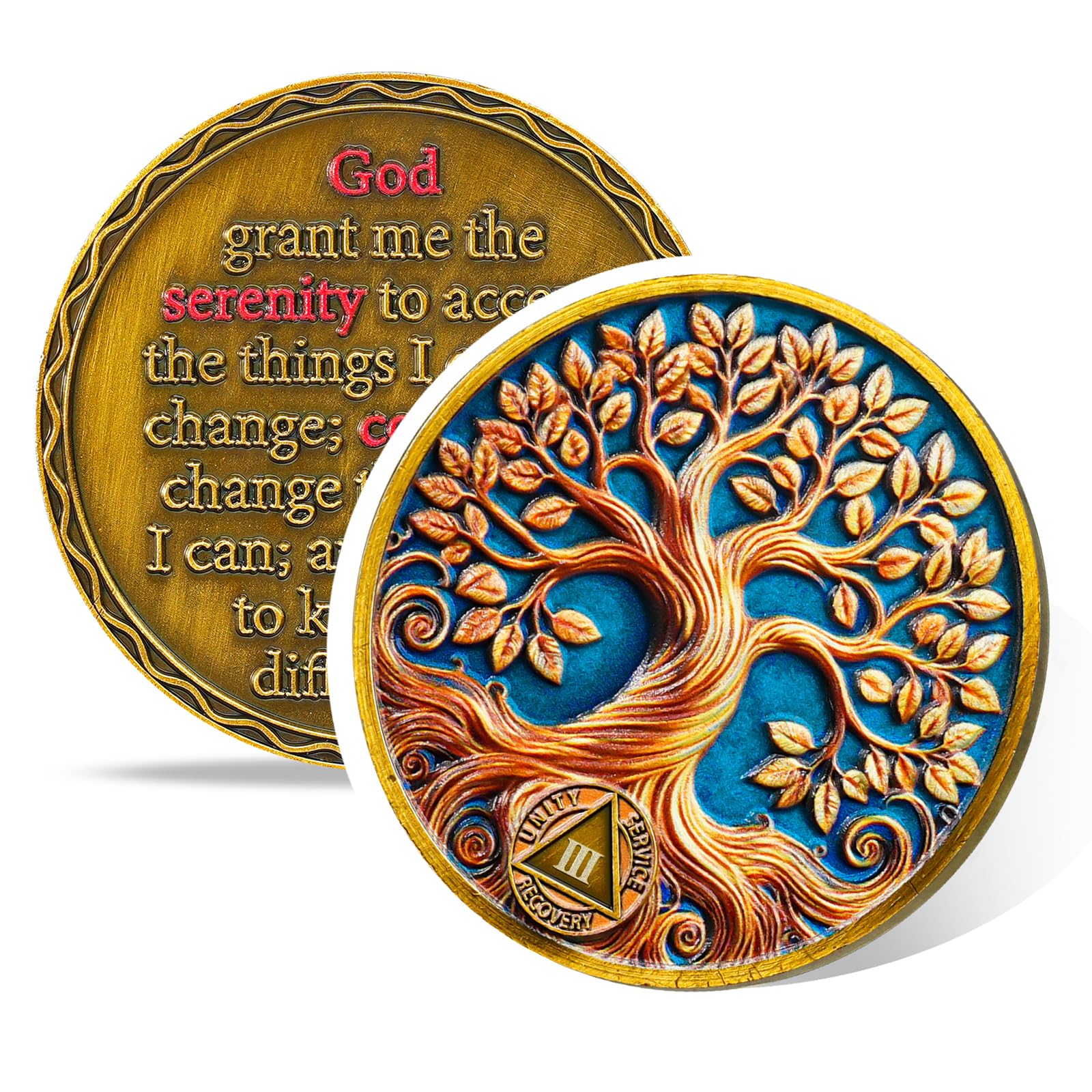 Pièce de monnaie de prière de paix avec arbre de vie doré de 3 ans et puce AA - Cadeau pour alcoolique anonyme et médaille de récupération de la dépendance pour hommes et femmes