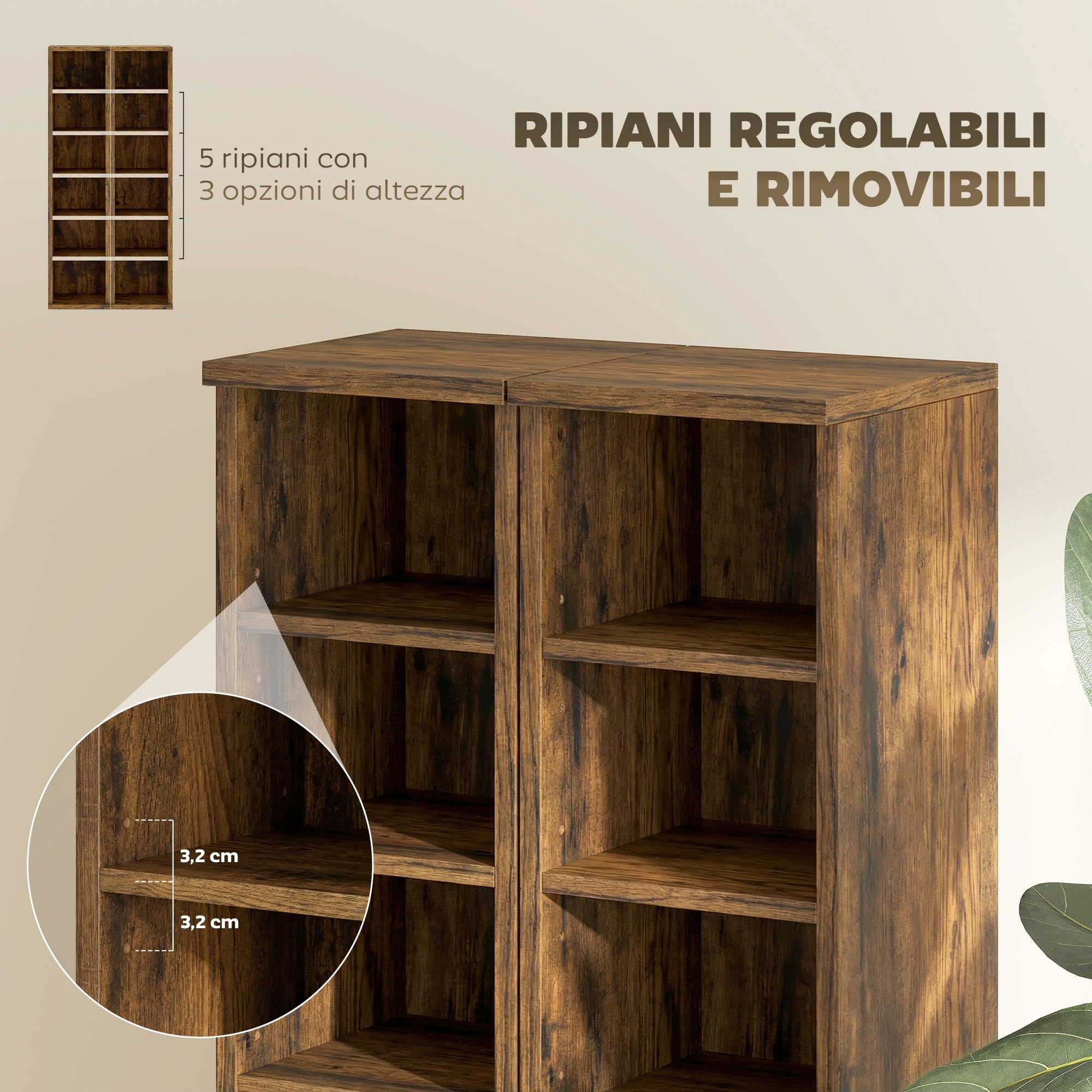 HOMCOM Scaffale Porta CD 2 Pezzi a 6 Ripiani, Scaffale Libreria in Legno per 204 CD ad Altezza Regolabile, 21x22.5x88.5 cm, Marrone Rustico