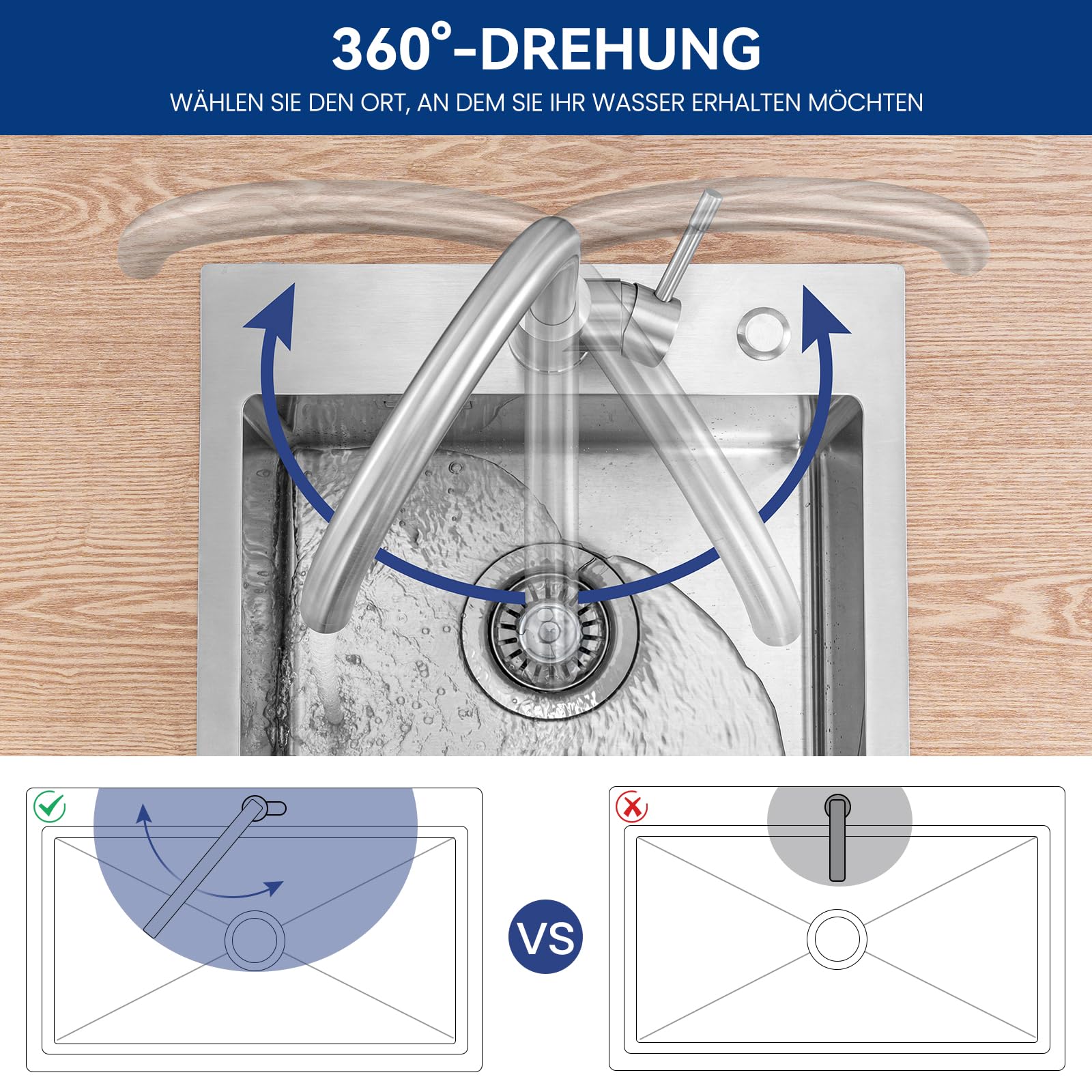 CECIPA Wasserhahn Küche 360° Schwenkbar, Hochdruck Küchenarmatur, Mischbatterie Küche mit Hohem Bogen, Einhebel Armatur, Spültischarmatur Edelstahl, G3/8 Anschluss Armatur | 360 Grad schwenkbar, hoher Bogen, Einhebelbedienung, G3/8 Anschluss, pflegeleicht