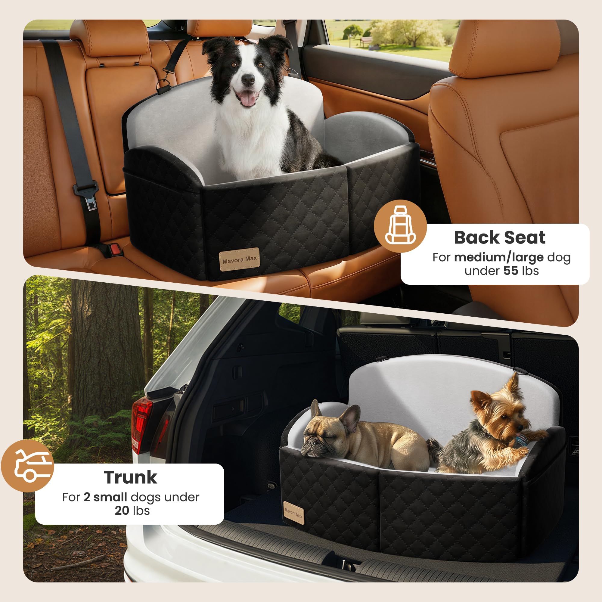 Dog Car Seat for Medium/Large Dogs, Memory Foam Dog Booster Seat with Thick Cushion up to 55 lbs or 2 Small Dogs, Travel Pet Car Seat with Detachable Washable Cover, 2 Safety Leashes (Black/Grey) - image 6