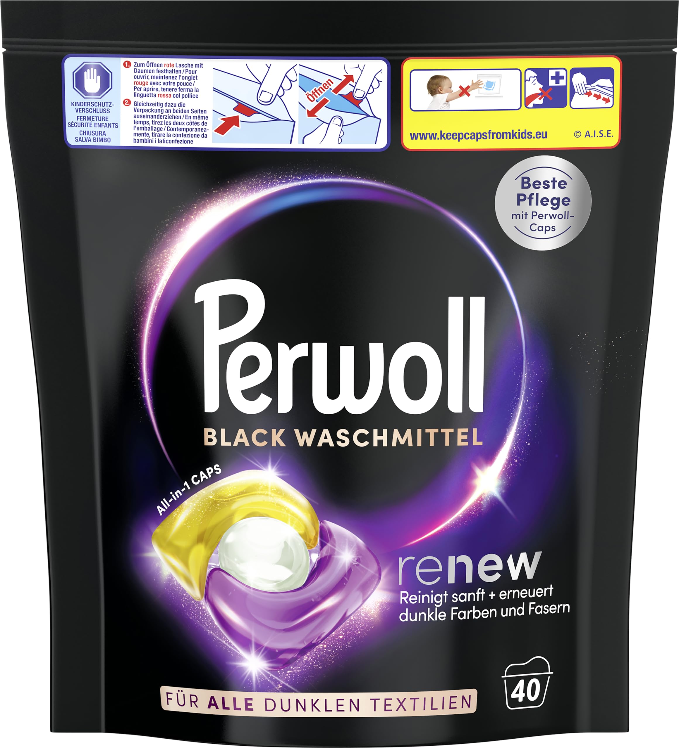 Perwoll Renew Caps Black Detergente 80 (2 x 40 lavados), todo en 1 Detergente Caps limpia suavemente y renueva colores y fibras, para todos los tejidos oscuros, con tecnología Triple Renov