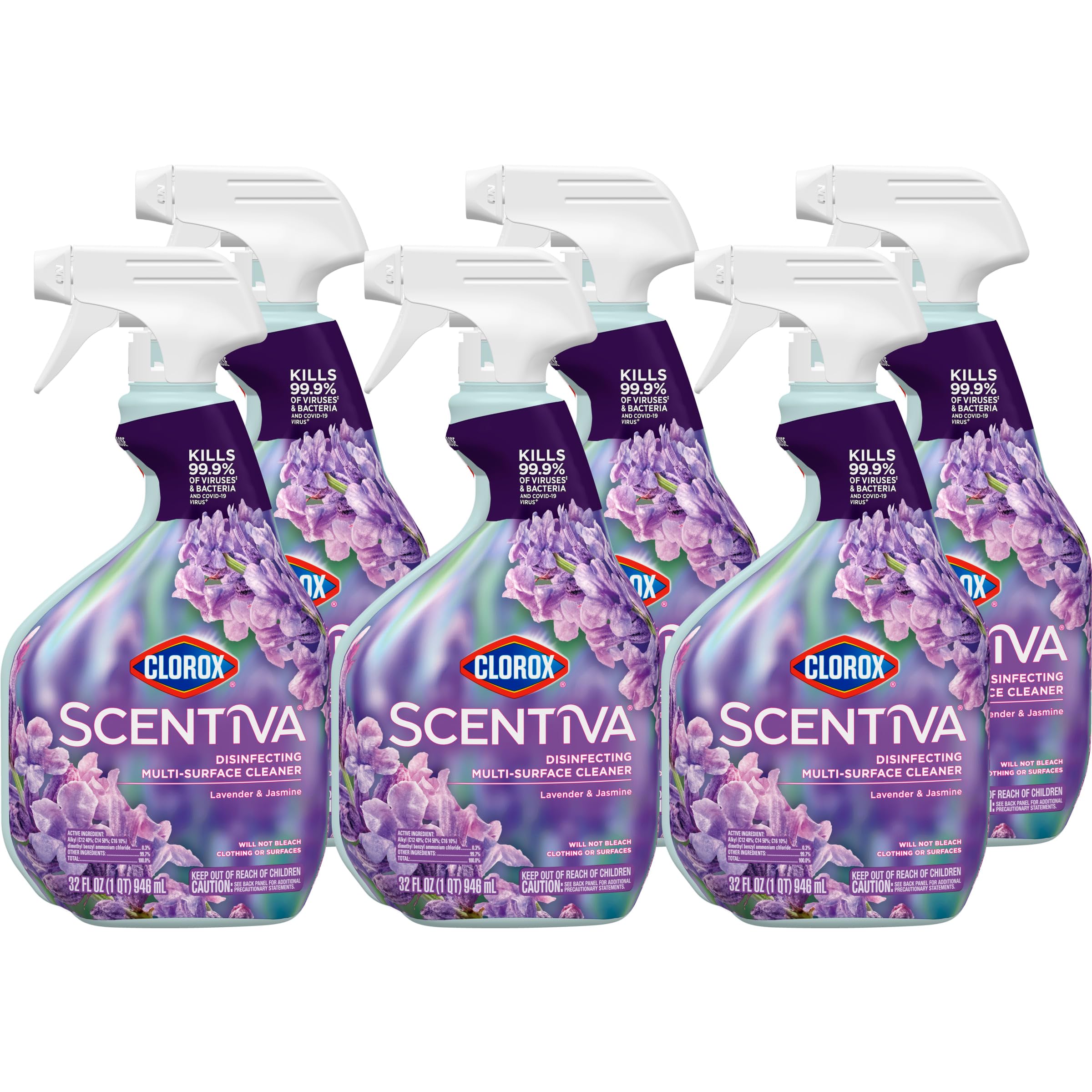 Clorox Scentiva Disinfecting Spray, Lavender & Jasmine, 32 Fl Oz, Pack of 6 (Pack May Vary)