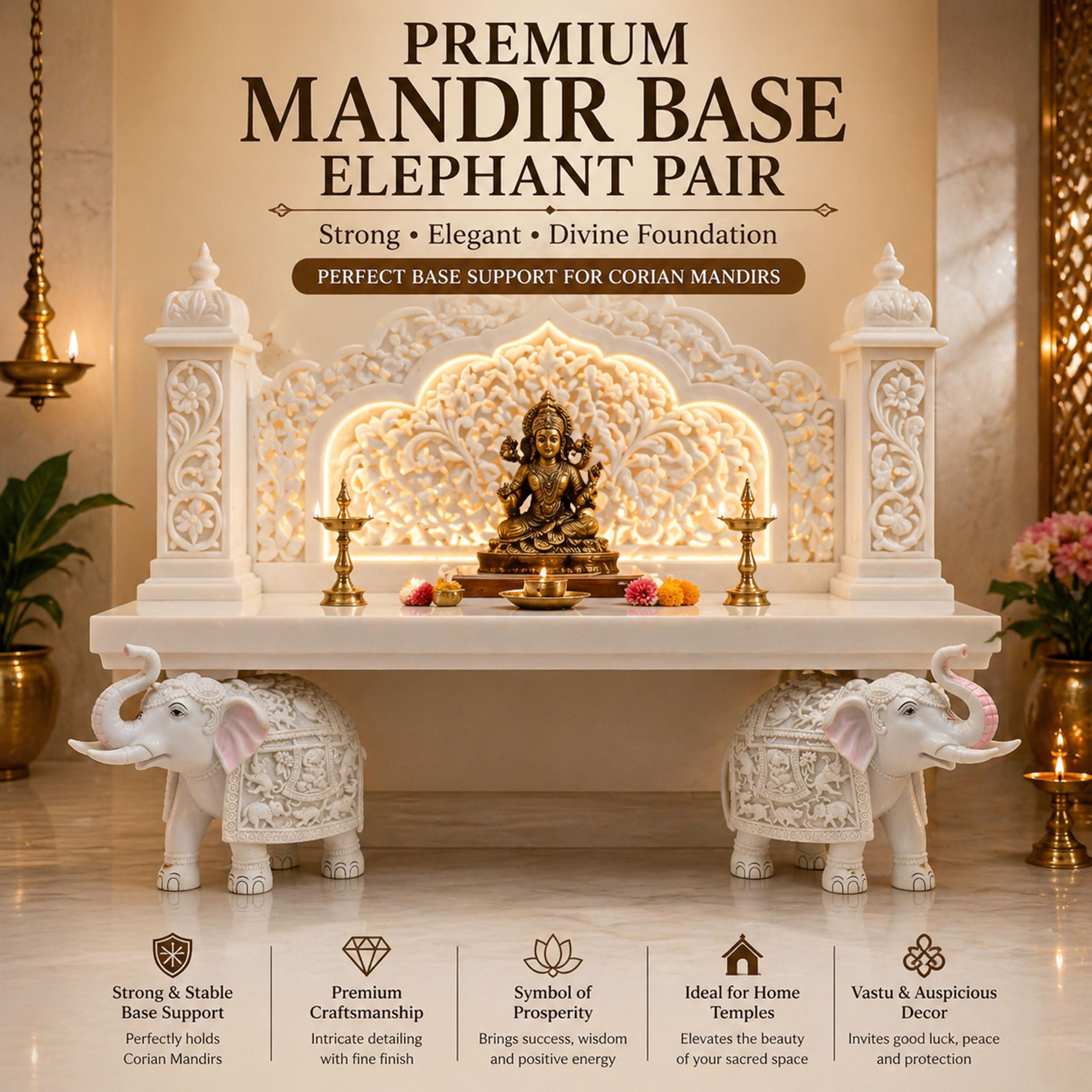 Heavy White Elephant Pair for Mandir Base & Home Temple Decor | 8x9 inch Solid Marble Dust Resin Elephant Statues for Corian Mandir Entrance | Vastu Showpiece Set for Living Room — photo — 3 of 7