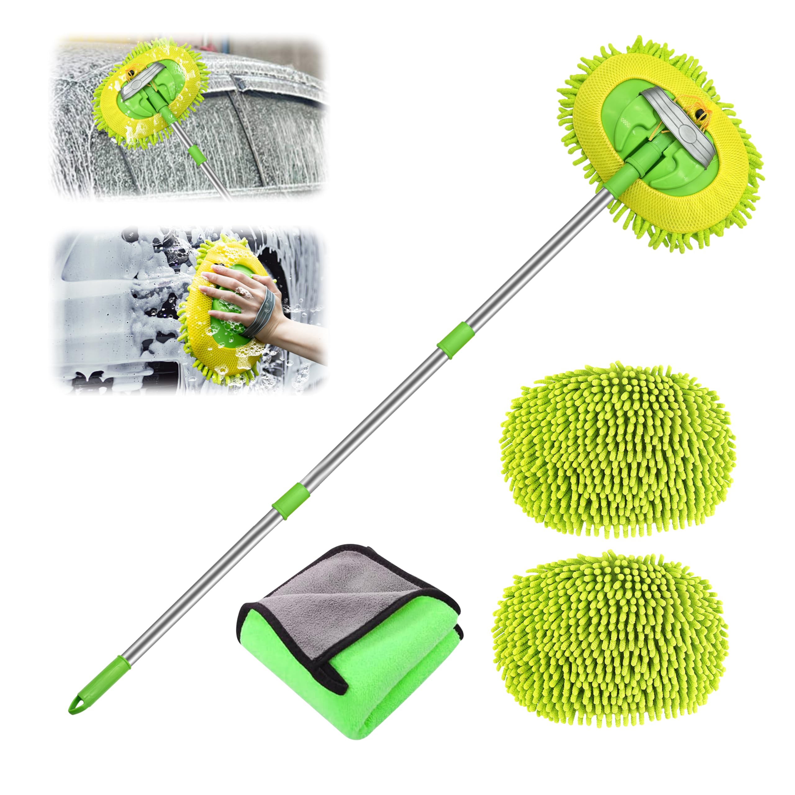 Car Cleaning Brush 43.3" Telescopic Car Wash Brush 2 in 1 Microfiber Car Wash Mop with Extra Mop Head and Towel Cloth Car Wash Kit for Cleaning Cars Caravans Van Truck Boat