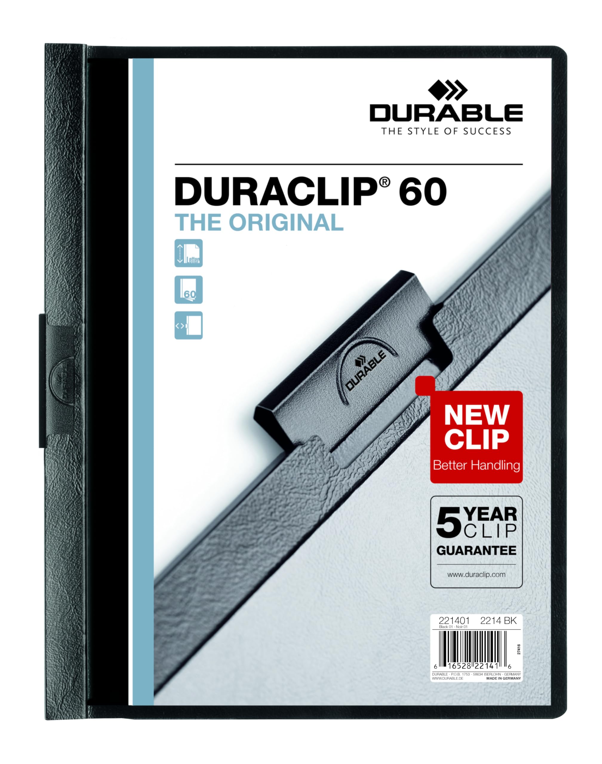 DURABLE Duraclip 221401 - Copertina in vinile, contiene fino a 60 pagine, colore: trasparente/nero, 25 per scatola