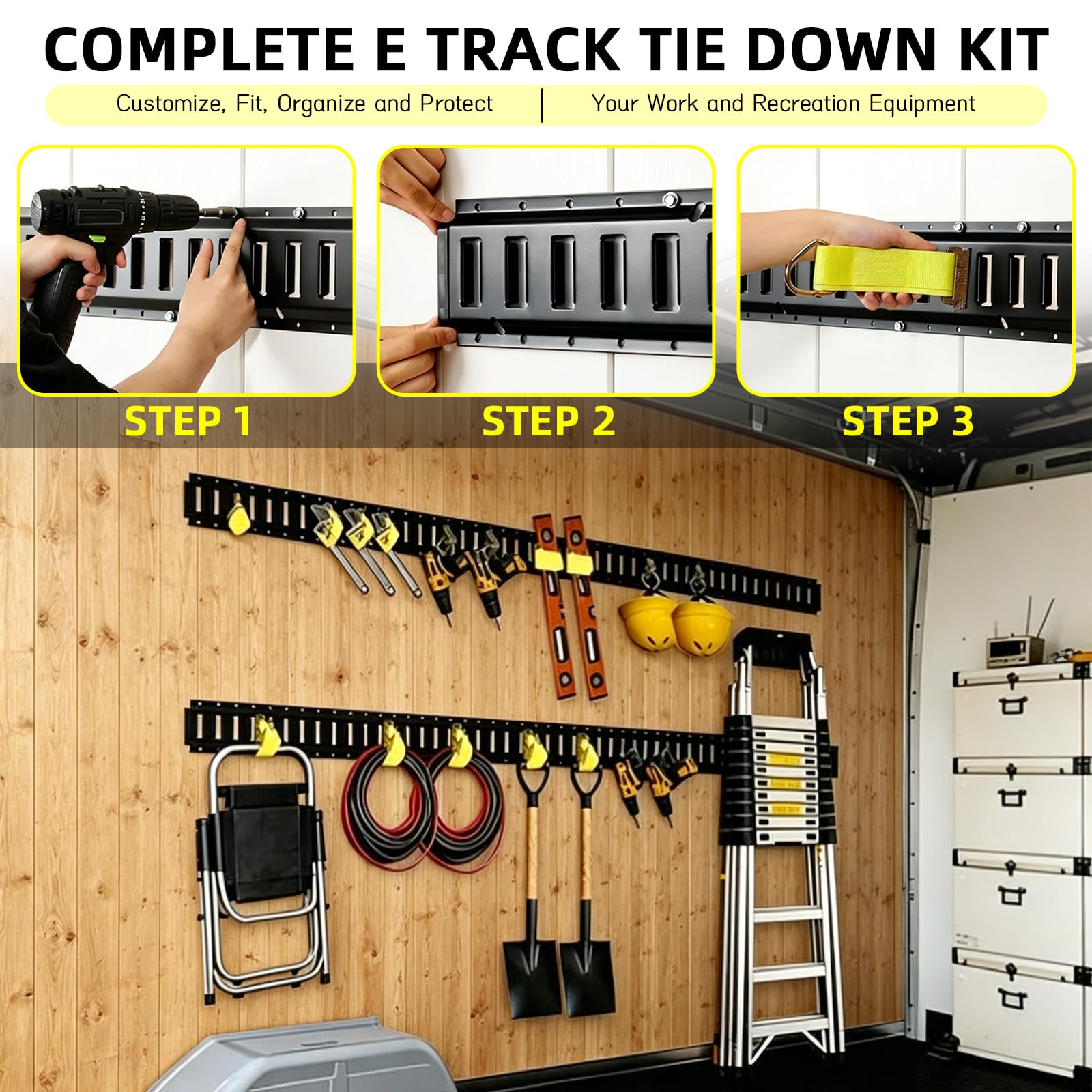 E Track - Set di binari di ancoraggio da 90 cm, sistema di fissaggio del carico a 2 binari | in acciaio al carbonio, portata 454 kg, con ancoraggio ad anello e corda da 3,65 m, per rimorchi, furgoni, pickup
