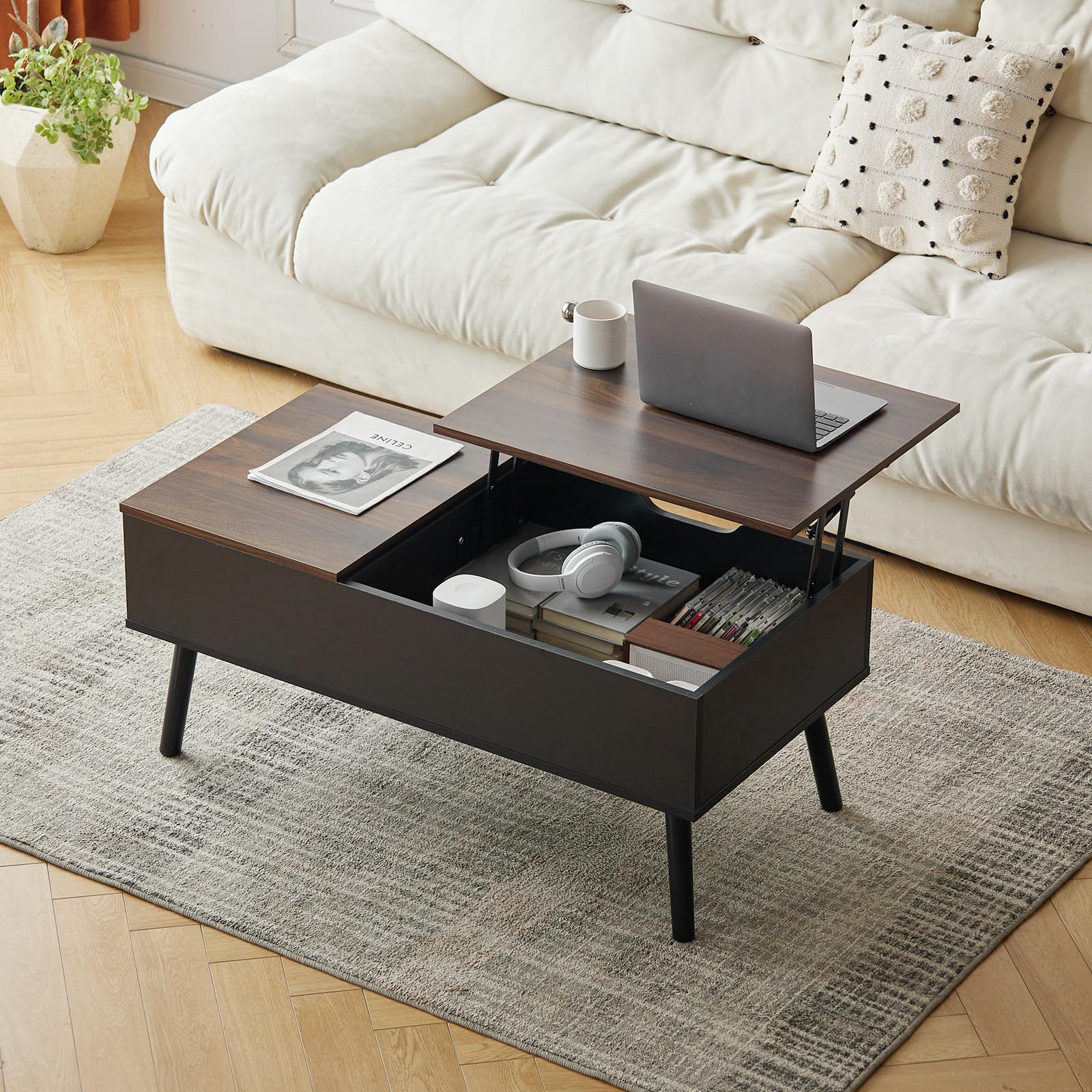 Tavolino alto nero con vano portaoggetti nascosto, design estensibile, per piccoli spazi, altezza regolabile per divani 100 x 50 cm, arredamento moderno per soggiorno