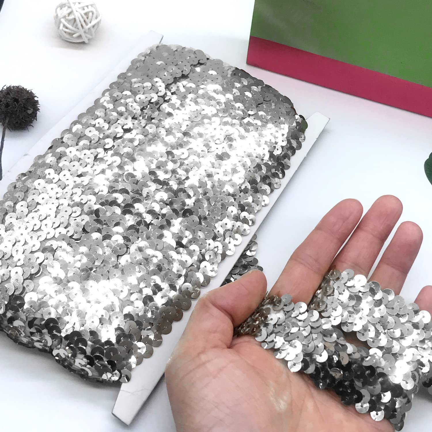 10 Yard Elastic Sequin Flat Glitter Stretch Bling Paillette Fabric Ribbon Metallic Appliqué Trim Lace for Dress Embellish, Headband (Silver)