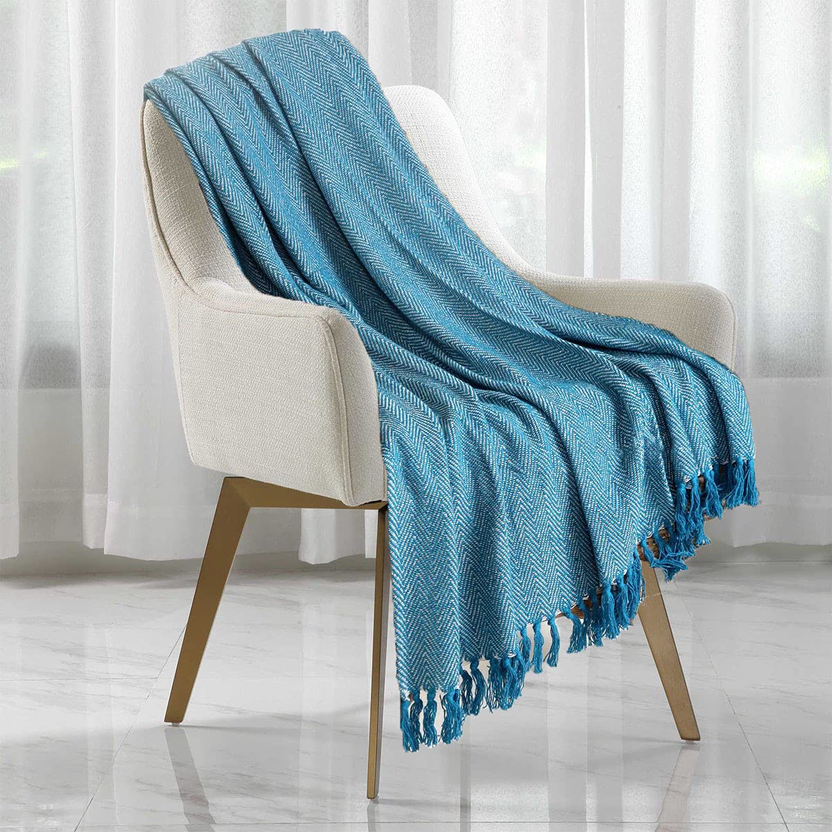 Herringbone Throw for Sofa and Bed, Large 3 Seater Sofa Cover, Single and Double King Size Bed Blanket, Teal Blue Throw King (259cms x 259cms)