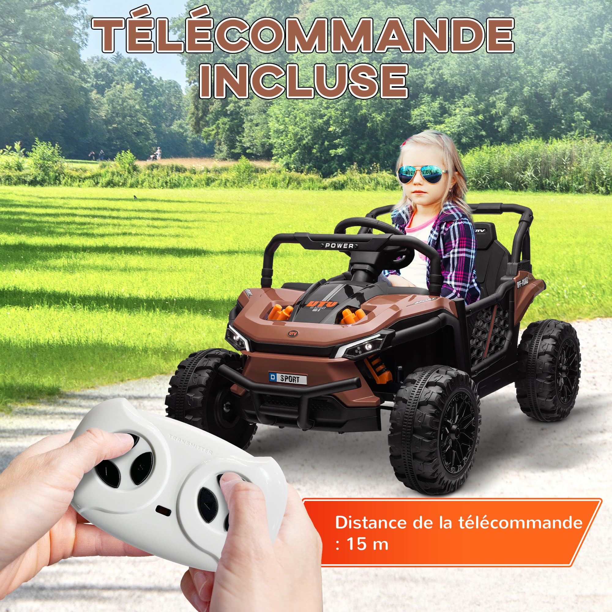 AIYAPLAY Voiture Électrique Enfant UTV Buggy Électrique Enfant Marron | Télécommande 2.4Ghz, 2 Moteurs 12 V, 2 Vitesses, Musique, Klaxon, Lumières, 3-5 Ans