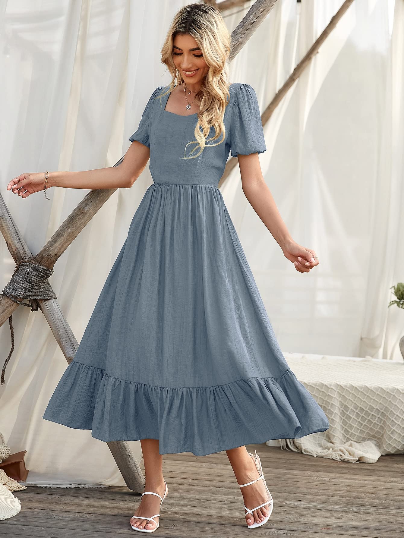 Women's Dresses Ruffle Hem Puff Sleeve Dress Dress for Women (Color : Dusty Blue, Size : Large) : Clothing, Shoes & Jewelry