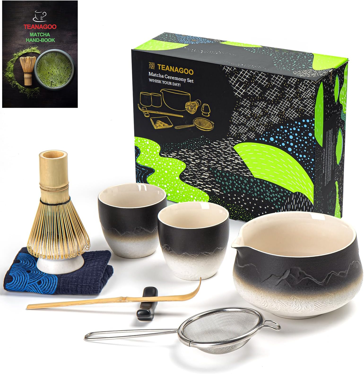 TEANAGOO Matcha Whisk Set 7pcs+2Cups(7.2oz),Ceramic Matcha Set,Matcha Kit for Ceremony,Matcha Tea Set for Making Breakfast,Matcha Whisk and Bowl with Matcha Scoop&Sifter,Gift for Matcha Lover