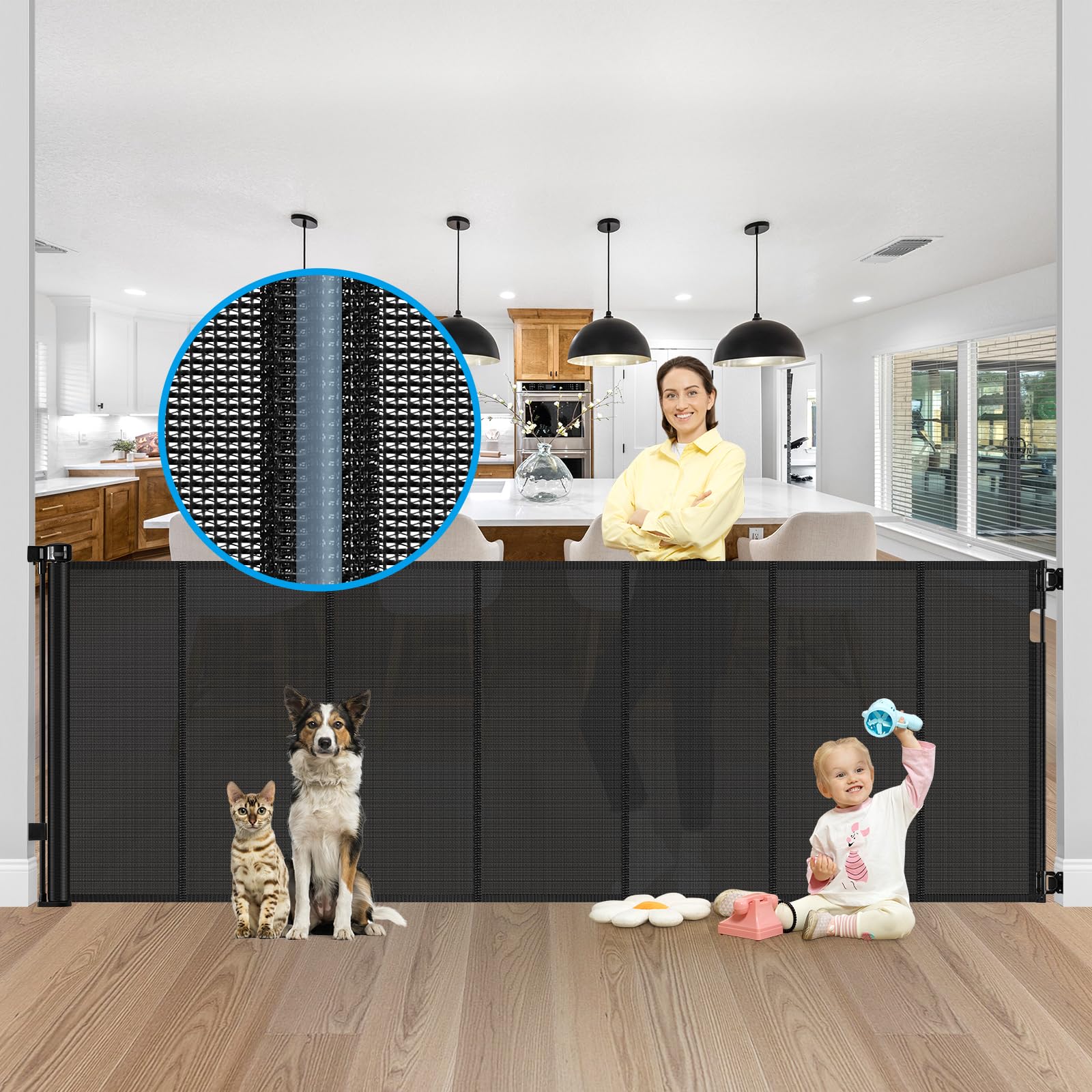 HEELALBABY Reinforced Bottom 42" Extra Tall x 100" Extra Wide Retractable Baby/Pet Gate - Black Mesh - Wall Mount - Suitable for Babies, Dogs, Cats (6-24 months) - HH-A126