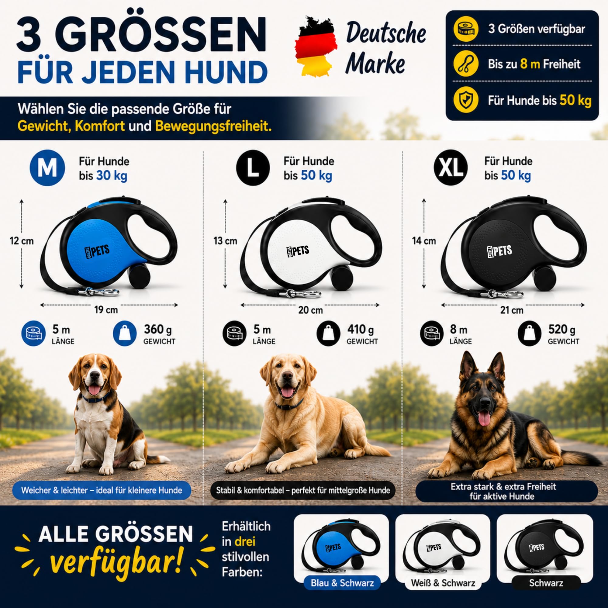 Guinzaglio per cani allungabile Retrattile 8m, con sacchetto per escrementi per canii fino a 50 kg, ideale per cani di taglia grande, media e piccola. (Blu, XL - 8m - fino a 50 kg)