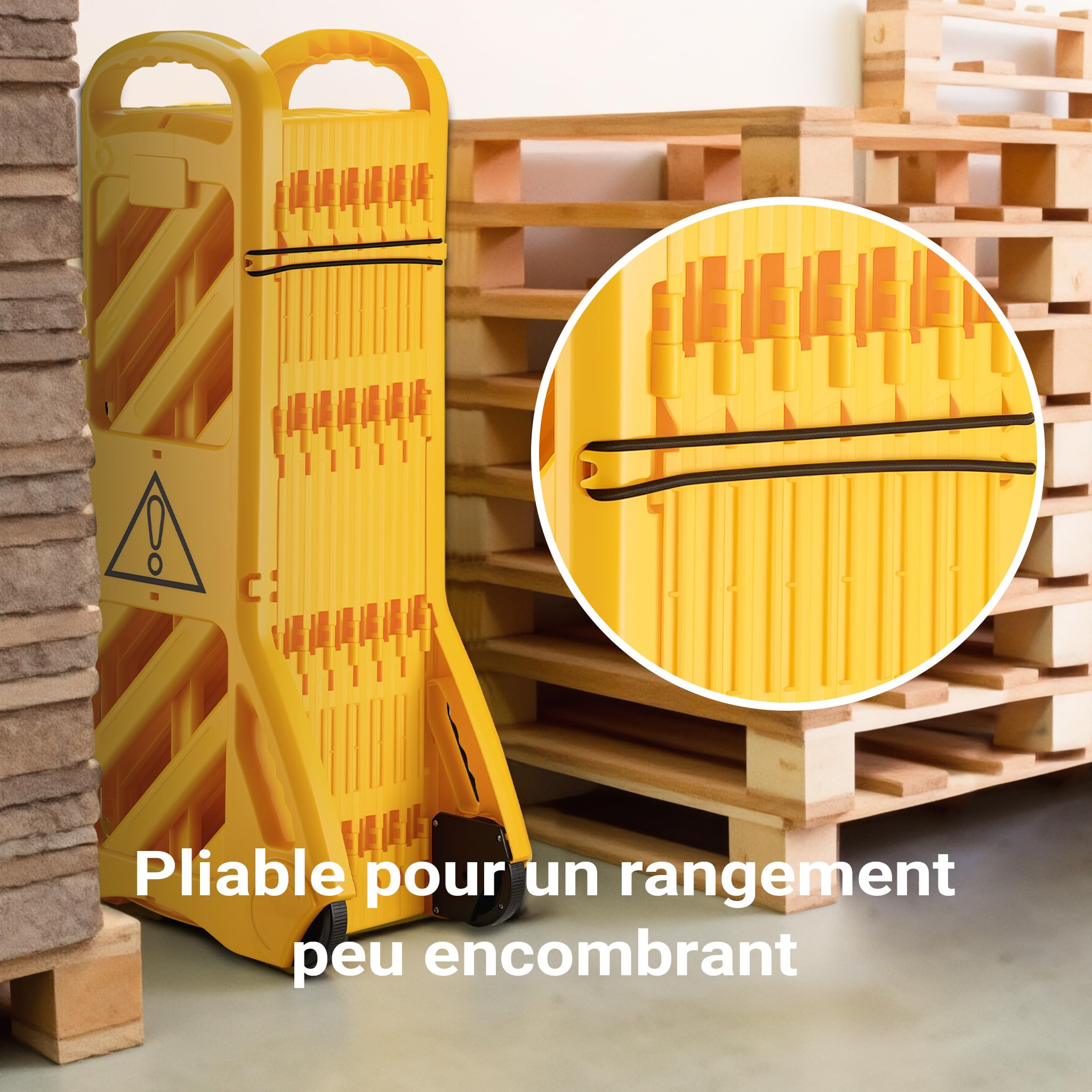 Wiltec Barrière de sécurité pliable en PE – 600 x 320-390 x 1010 mm – Balise de signalisation chantier – sur Roues