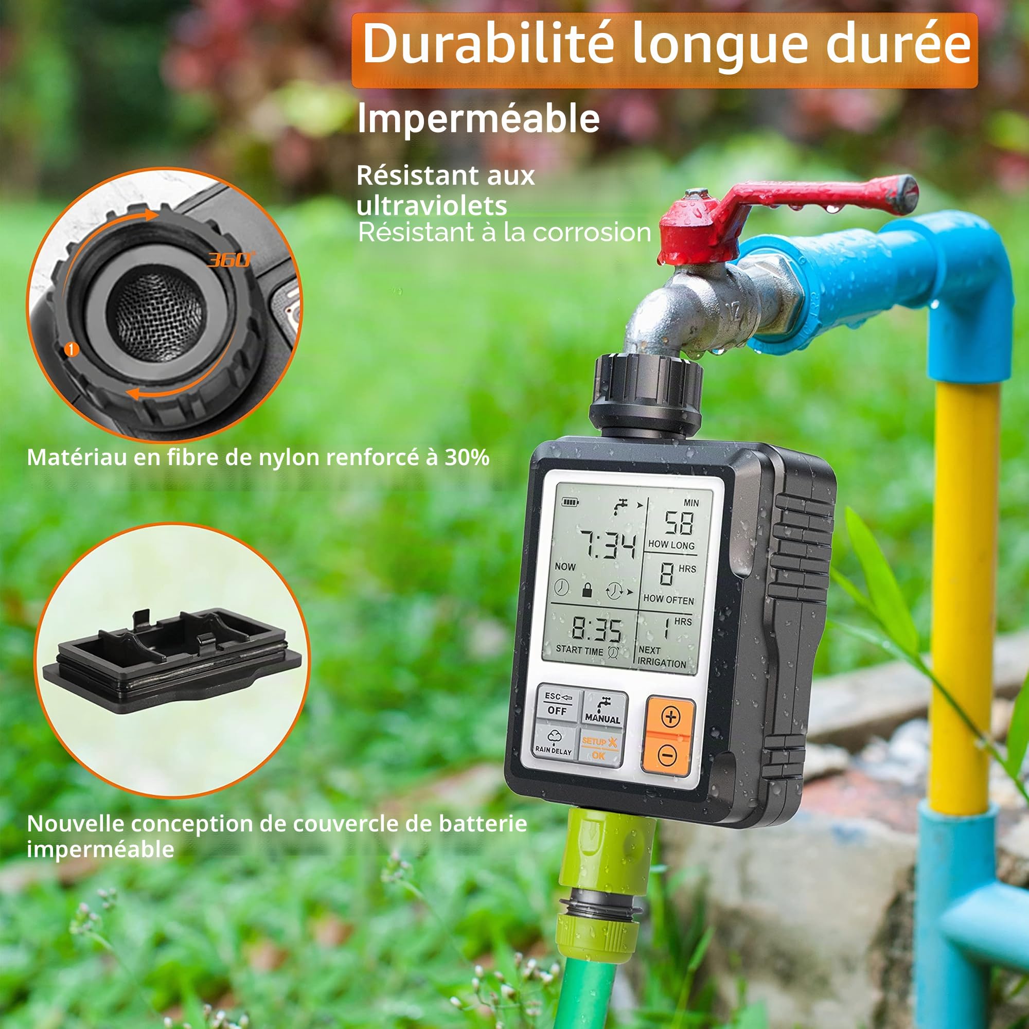 CROSOFMI Programmateur Arrosage Automatique Minuteur Arrosage pour Jardin Programmateur Robinet Arrosage Connecté/Mode Verrouillage Enfant/Mode Automatique & Manuel/Retard De Pluie/IP65 Étanche