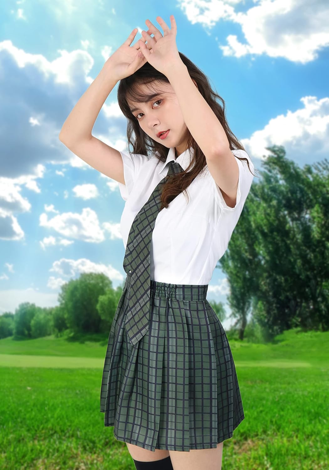 PROCOS Women Japanese Uniform Outfit US Size Costume with Plaid Bow Tie Socks 5 PCS - Image 3