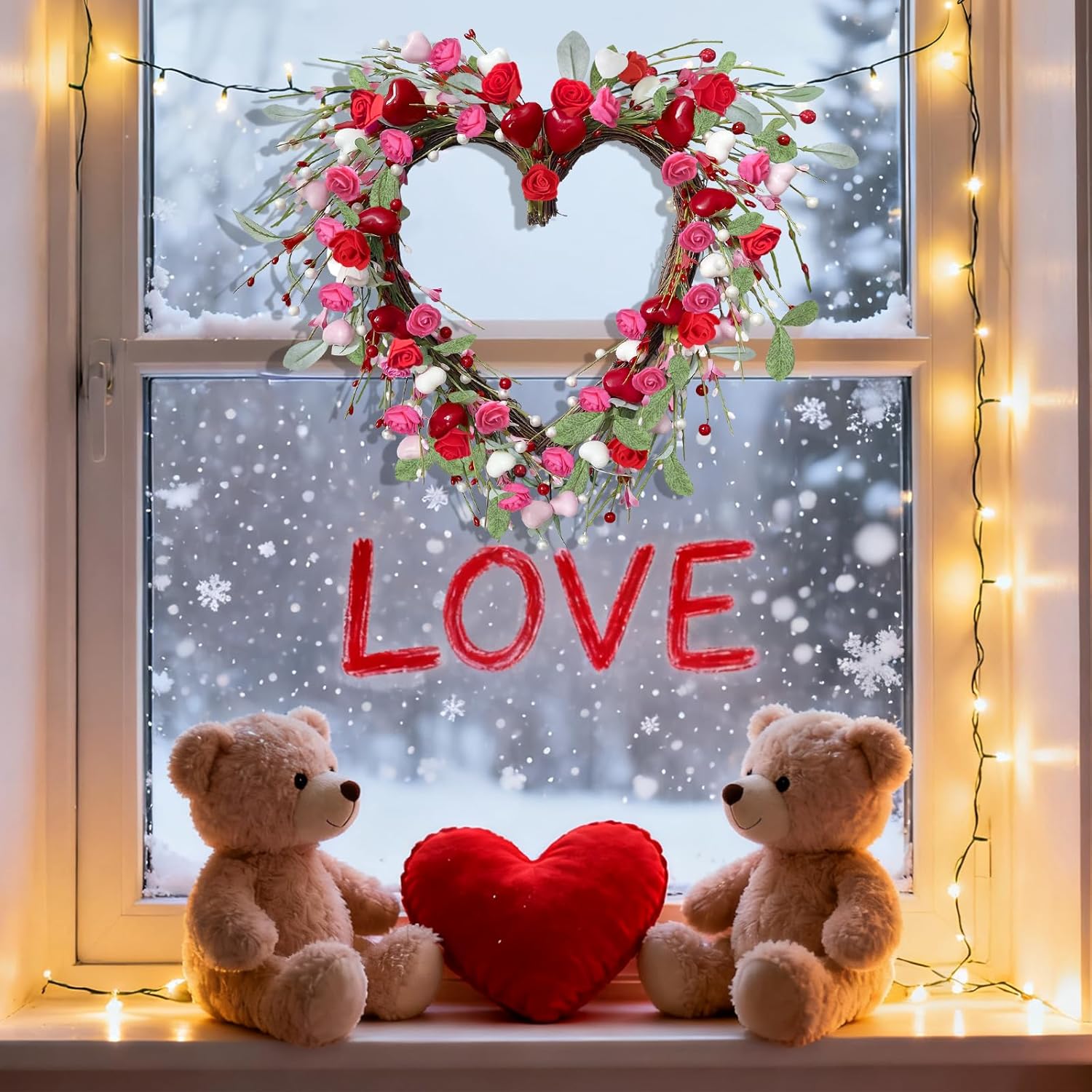 Valentines Day Wreaths for Front Door 17.7 Inch Heart Wreath with Roses Hearts Berries Handmade Grapevine Pink Wreath for Door Wall Home Wedding Party Gift Valentines Decorations - Image 6