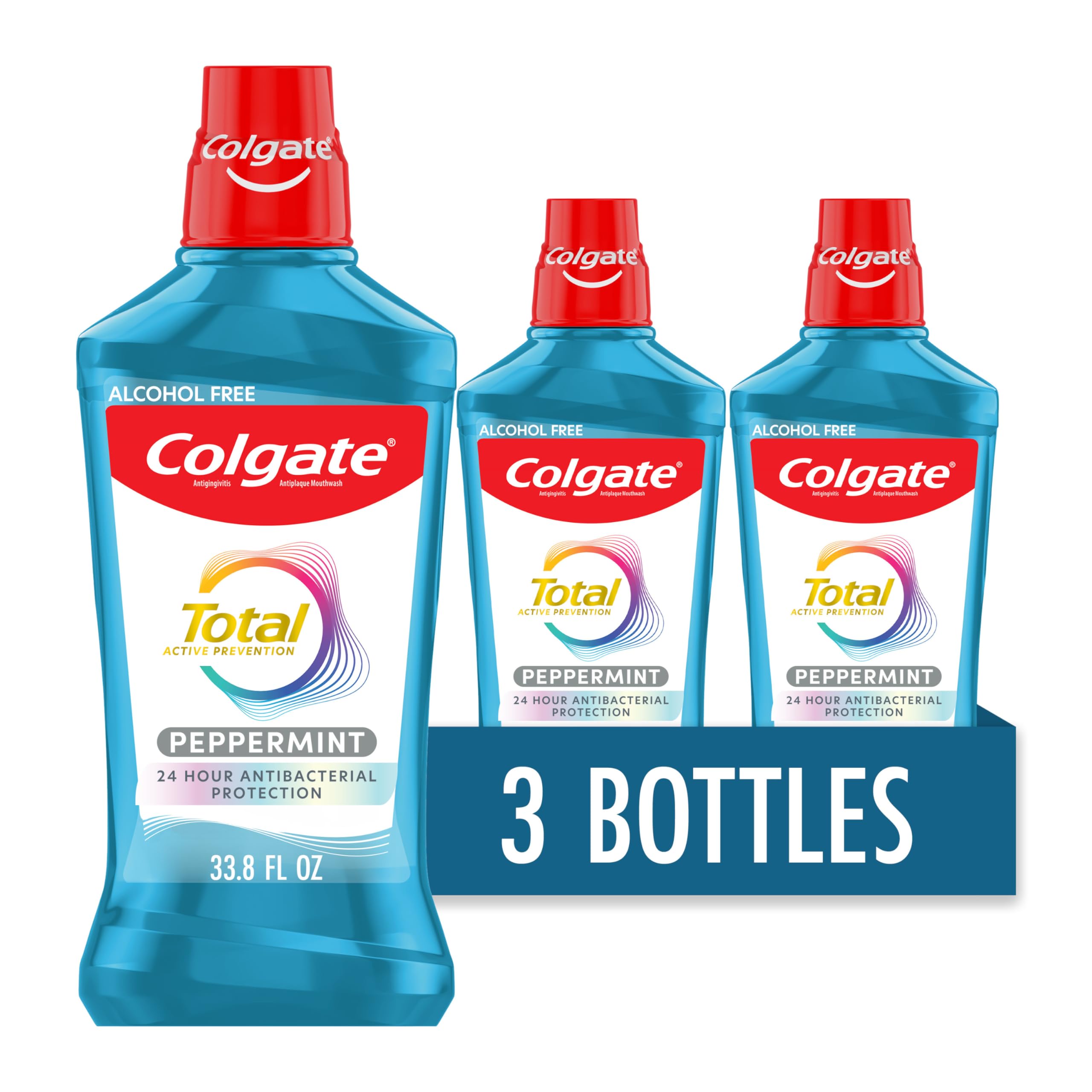 Colgate Total Alcohol Free Mouthwash, Peppermint, 3 Pack, 33.8 fl oz | 24 Hour Antibacterial Protection, Fights Bad Breath, Helps Prevent Gingivitis, Plaque, and Tartar Buildup