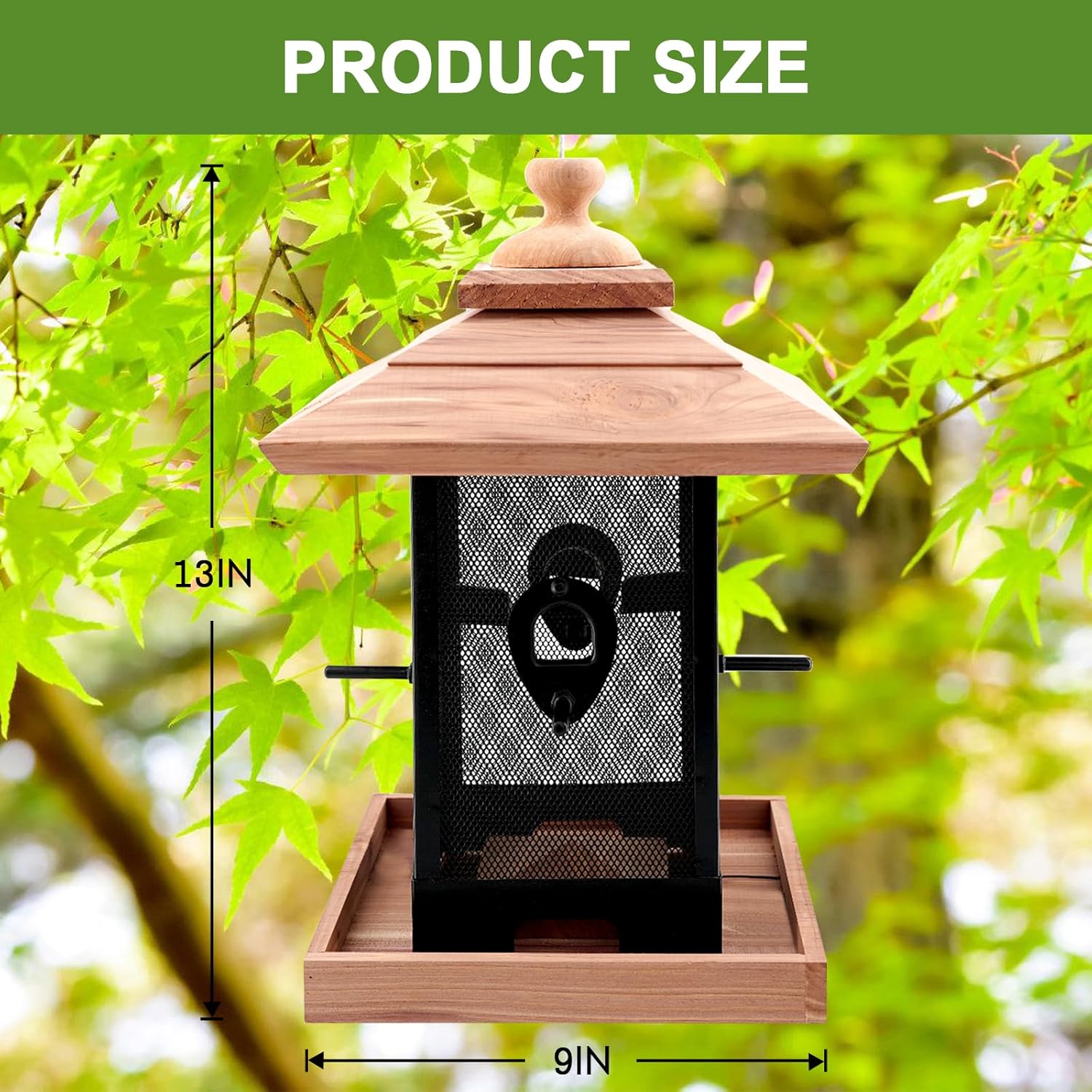 Cedar & Metal Mesh Bird Feeder for Outdoors Hanging Mount Large Capacity, Black Wooden Garden Roof Feeder Lantern Style, Cardinal Bluebird Birdfeeder with Iron Mesh Wall for Garden Decor Durable