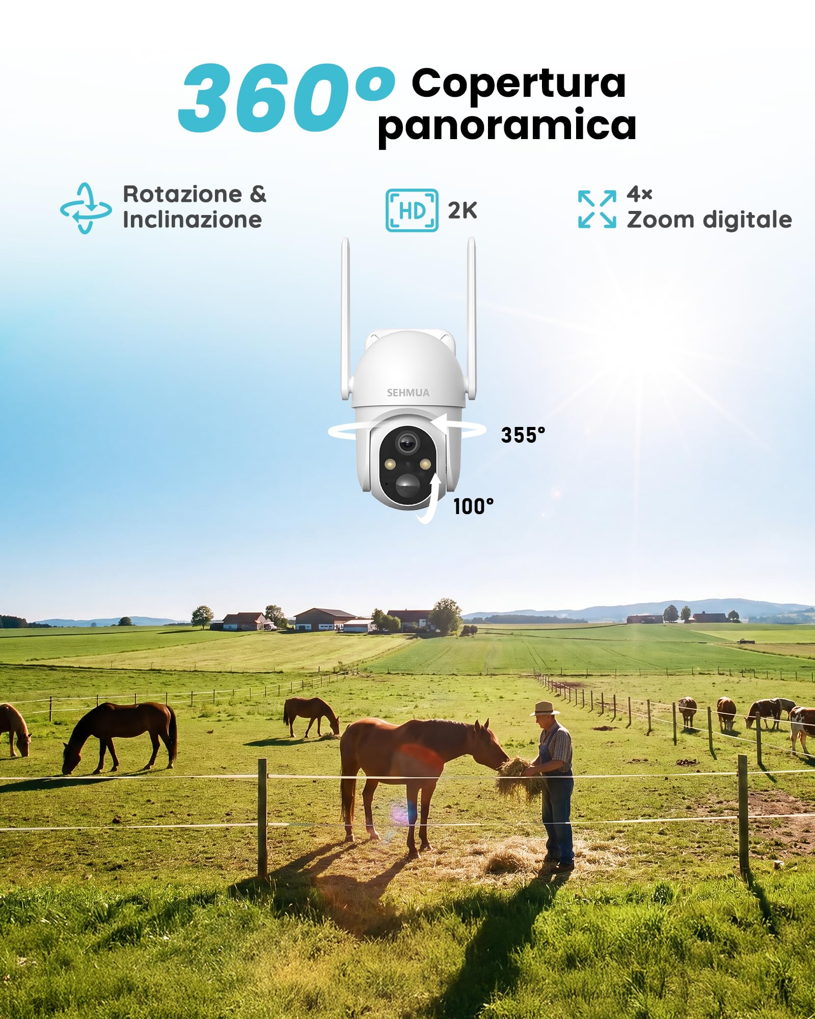SEHMUA Telecamera con SIM 4G da Esterno con Pannello Solare senza Fili 24/7 | AOV Telecamera con Pannello Solare 7W, Rilevamento AI, Batteria 10400mAh, Visione Notturna a Colori, Audio Bidirezionale-eSIM