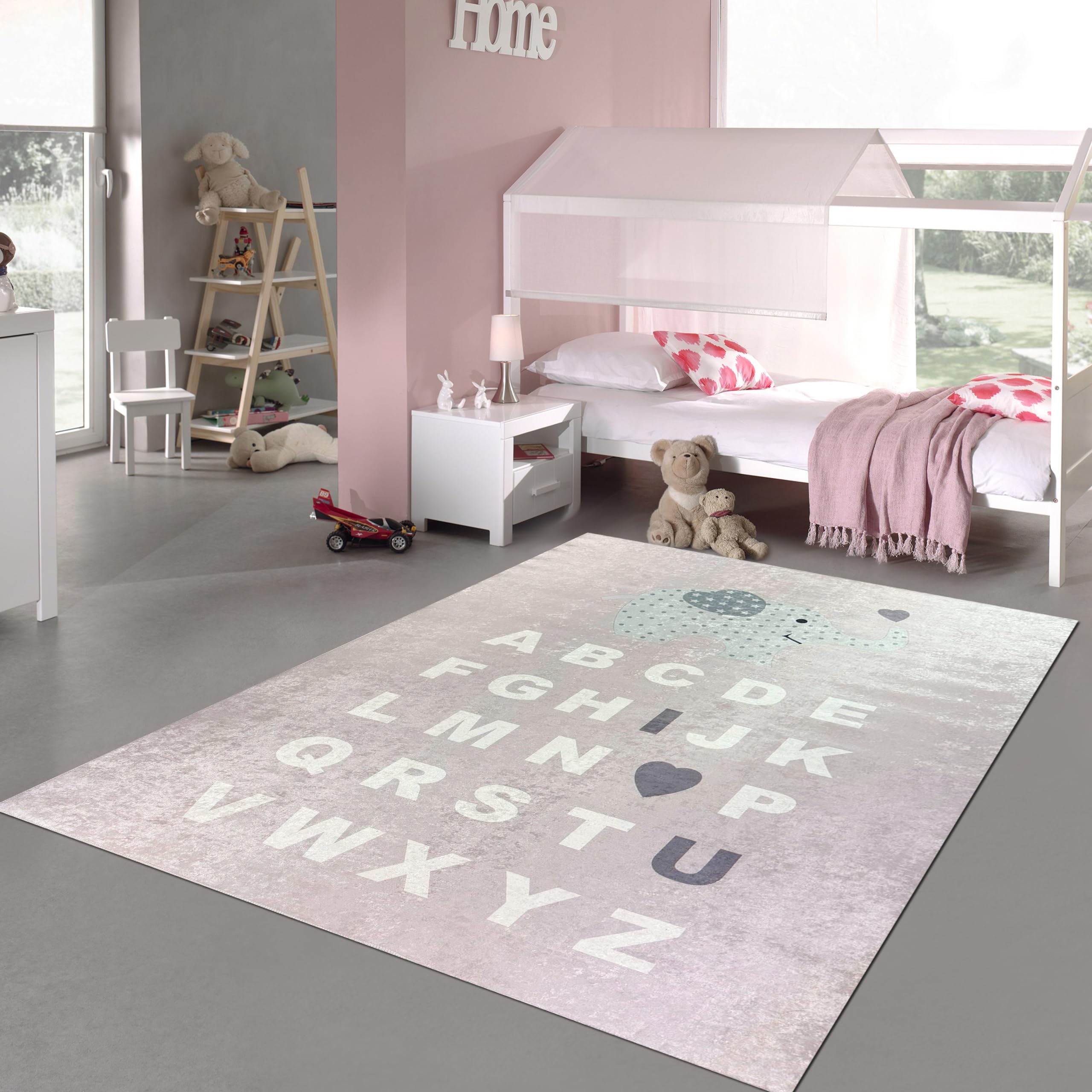 Merinos Kinderteppich ABC Lernteppich Alphabet Spielteppich mit Elefant in Rosa Größe 140x200 cm