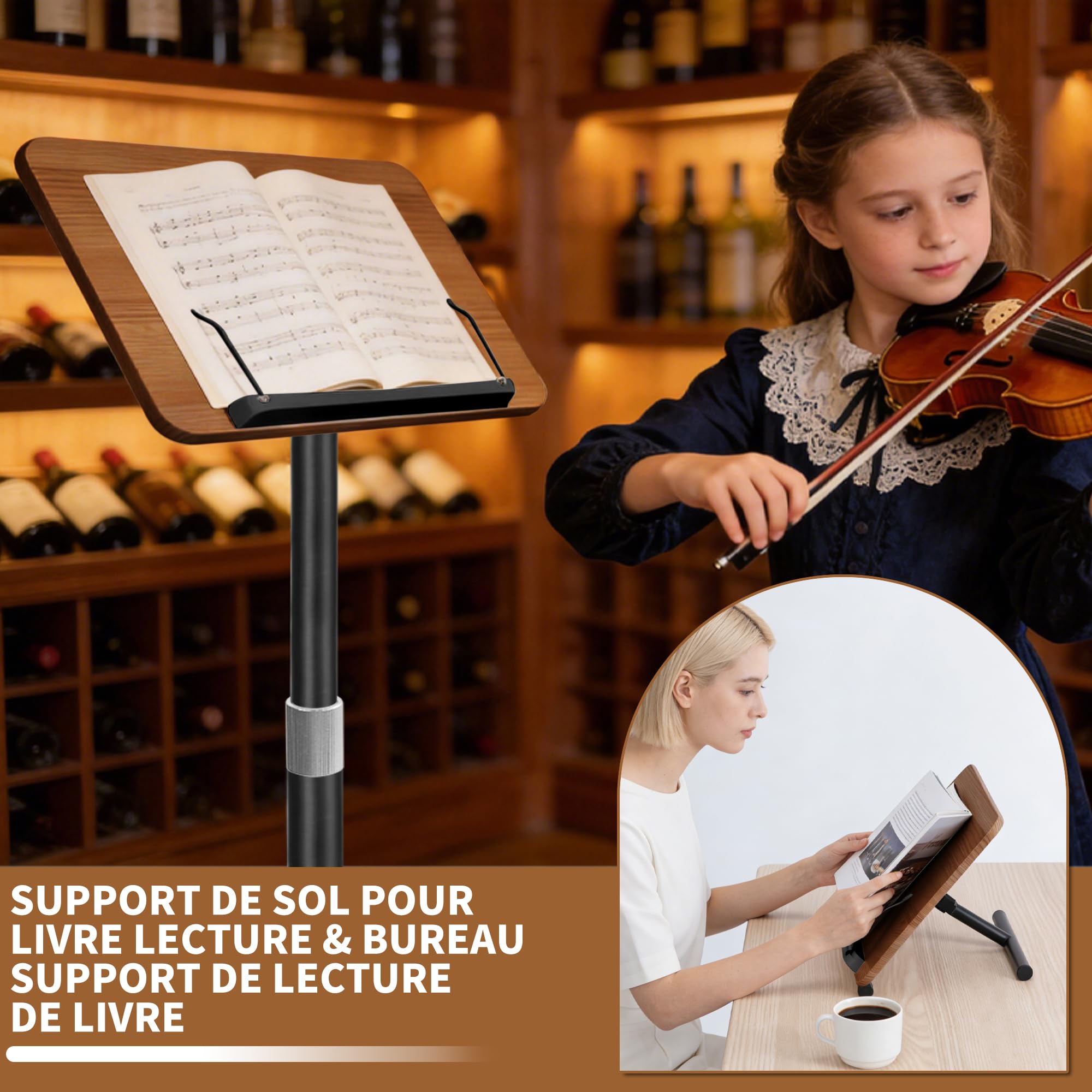 Support de Livre Réglable en Hauteur de 50 à 130CM pour Sol et Bureau, Support de Livre pour Lecture, Ordinateur Portable, Tablette, Recettes, Partitions (Noir)
