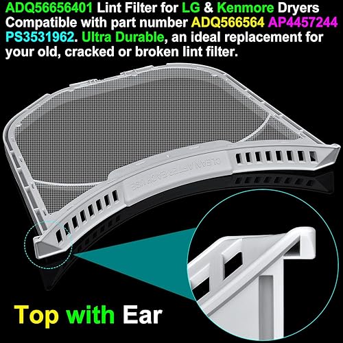 Miniatura 6 de Reemplazo de filtro de pelusa ADQ56656401 actualizado para secadoras LG y Kenmore, pantalla de pelusa (parte inferior con muescas), trampa de pelusa