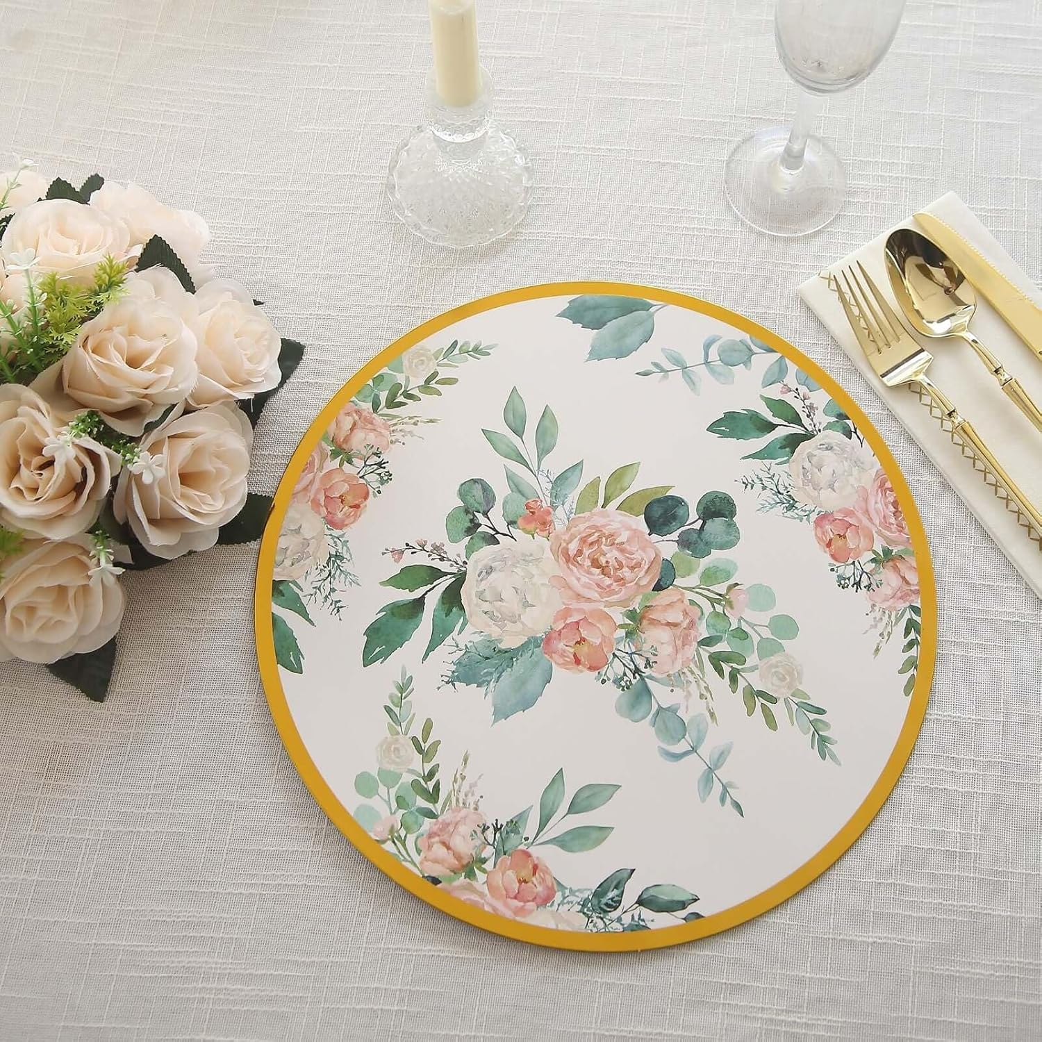Efavormart 6-Pack 13" White and Pink Peony Floral Cardstock Placemats; 700 GSM Ultra-Thick Paper Charger Plates with Gold Rim for Romantic Receptions and Spring Galas