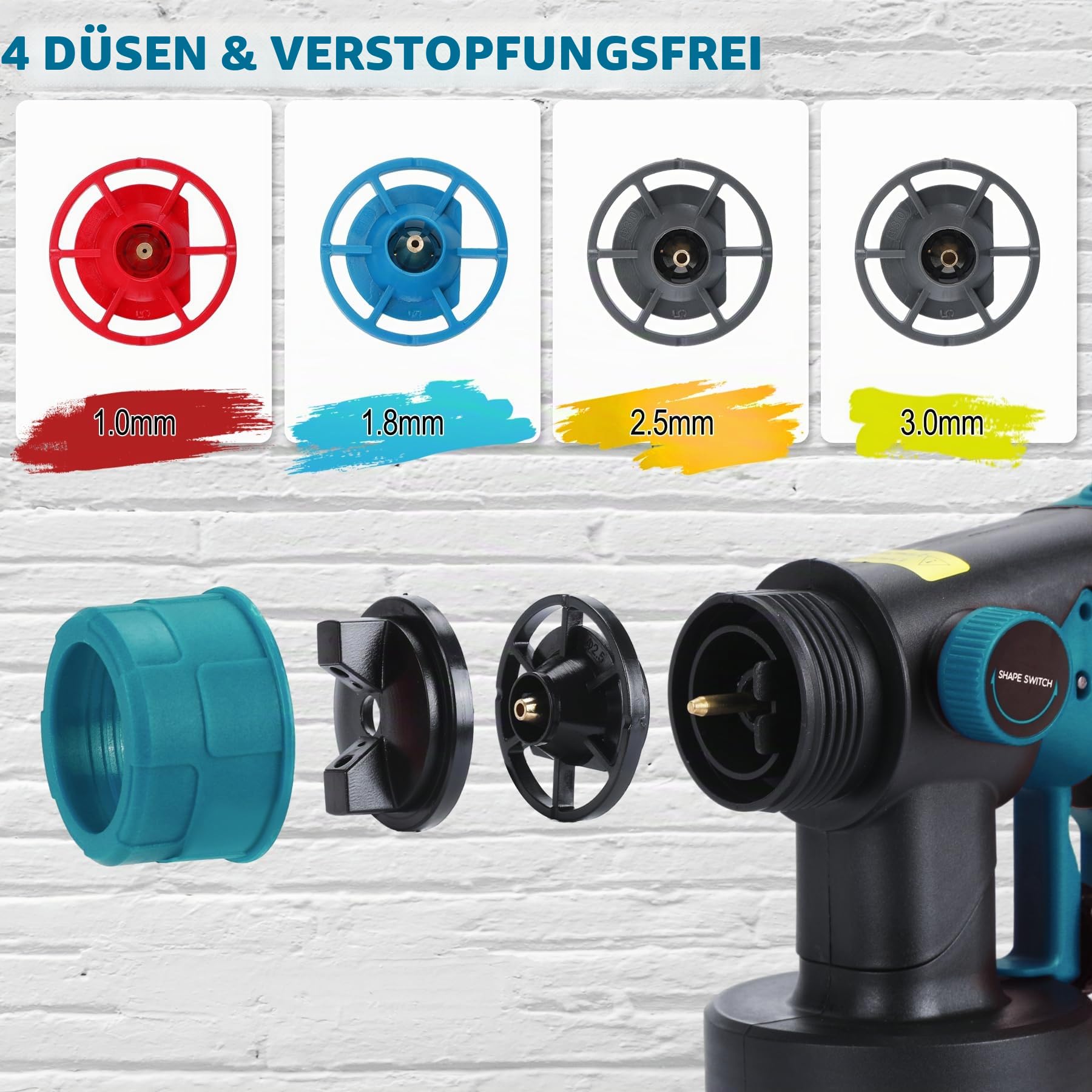 VAYALT Farbsprühsystem Elektrisch mit Makita-18V-Akkus,Aktualisiert Farbsprühgerät mit 4 Düsen,3 Spritzmuster und 1000 ML Farbbehälter,Akku Farbsprühsystem mit Verstellbarem Farbfluss (Keine Batterie)