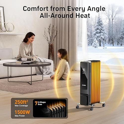 Miniatura 6 de Calentador radiante lleno de aceite, 1500 W, con control remoto, 7 aletas, con control remoto, 3 modos, termostato digital, temporizador de 24