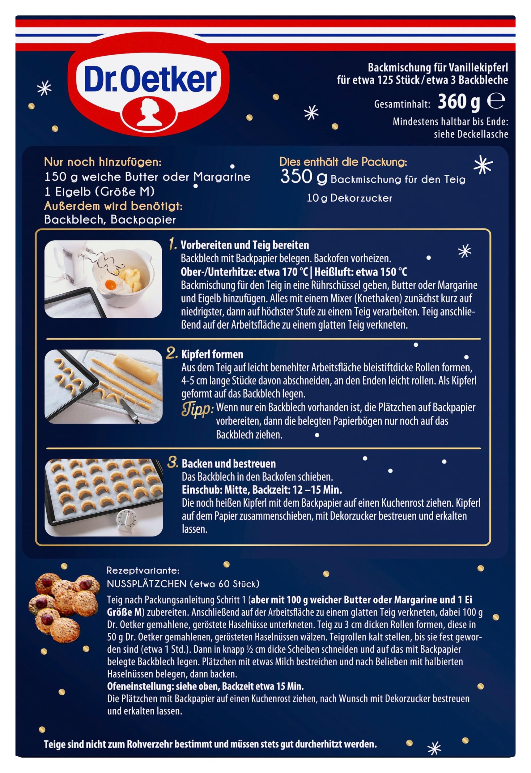 Dr. Oetker Vanillekipferl – 6er Vorteilspack Vanillekipferl Backmischung zur Zubereitung von Weihnachts-Plätzchen aus zartem Mürbeteig mit Vanillegeschmack, Teigmischung für Weihnachts-Kekse