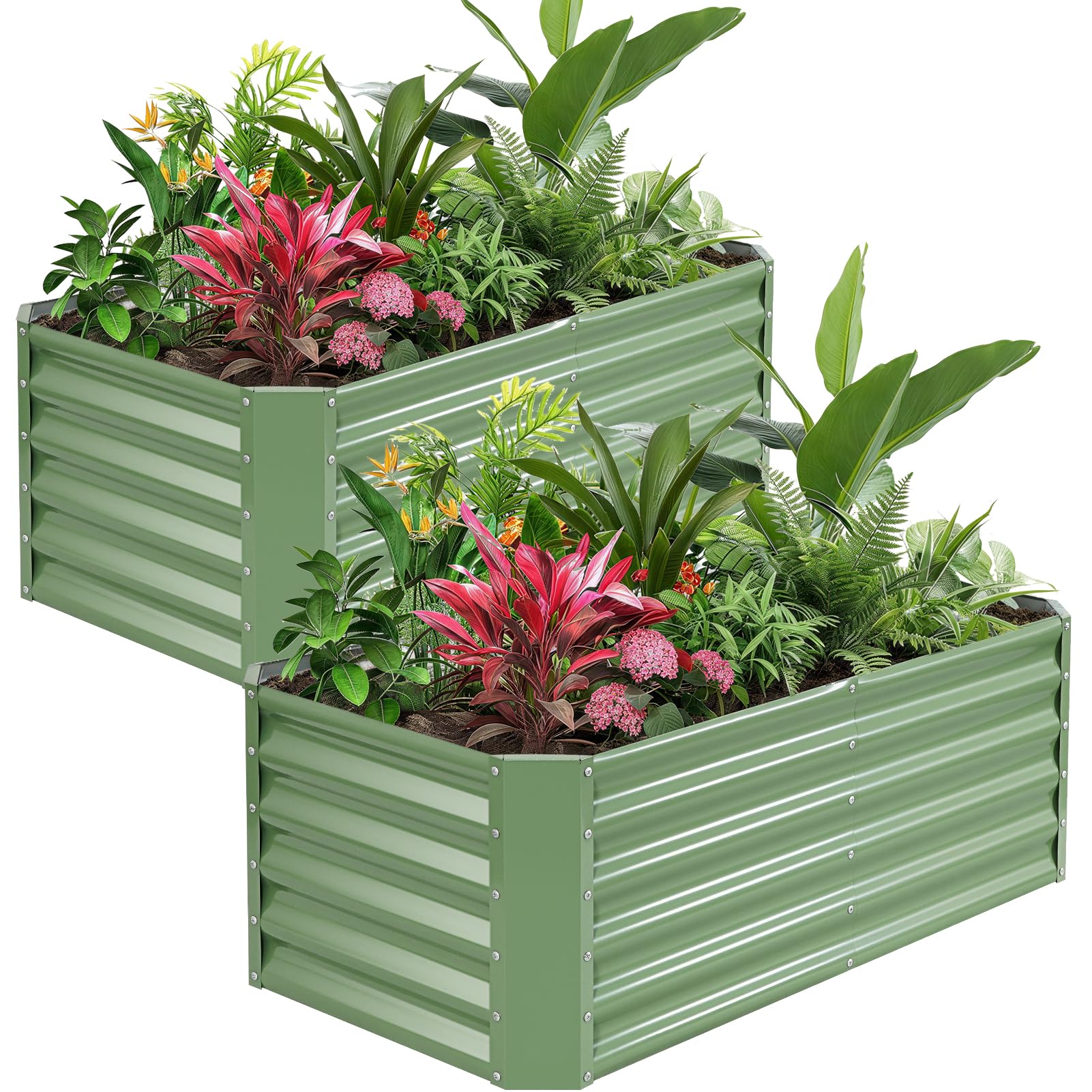 Verzinktes Hochbeet-Set, 2er-Pack, Metall-Pflanzkasten für den Außenbereich, 1,2 x 0,6 x 0,43 m, rechteckiges Stahl-Pflanzbeet für Gemüse, Obst, Blumen, Kräuter (Olivgrün)