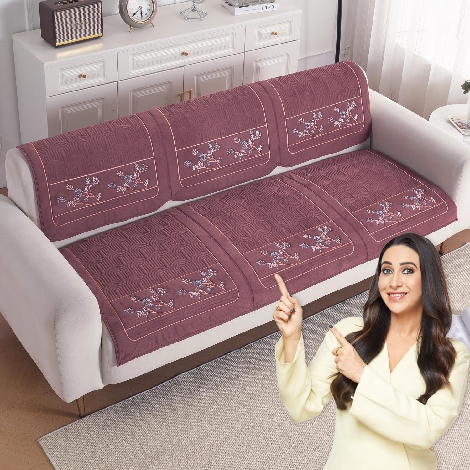 HOKIPO Premium Quilted Holland Velvet 3 Seater Sofa Cover | Washable Sofa Coverfor Seat & Back | 'Comfort Bloom', Pink (IN-975-PINK)-image-16