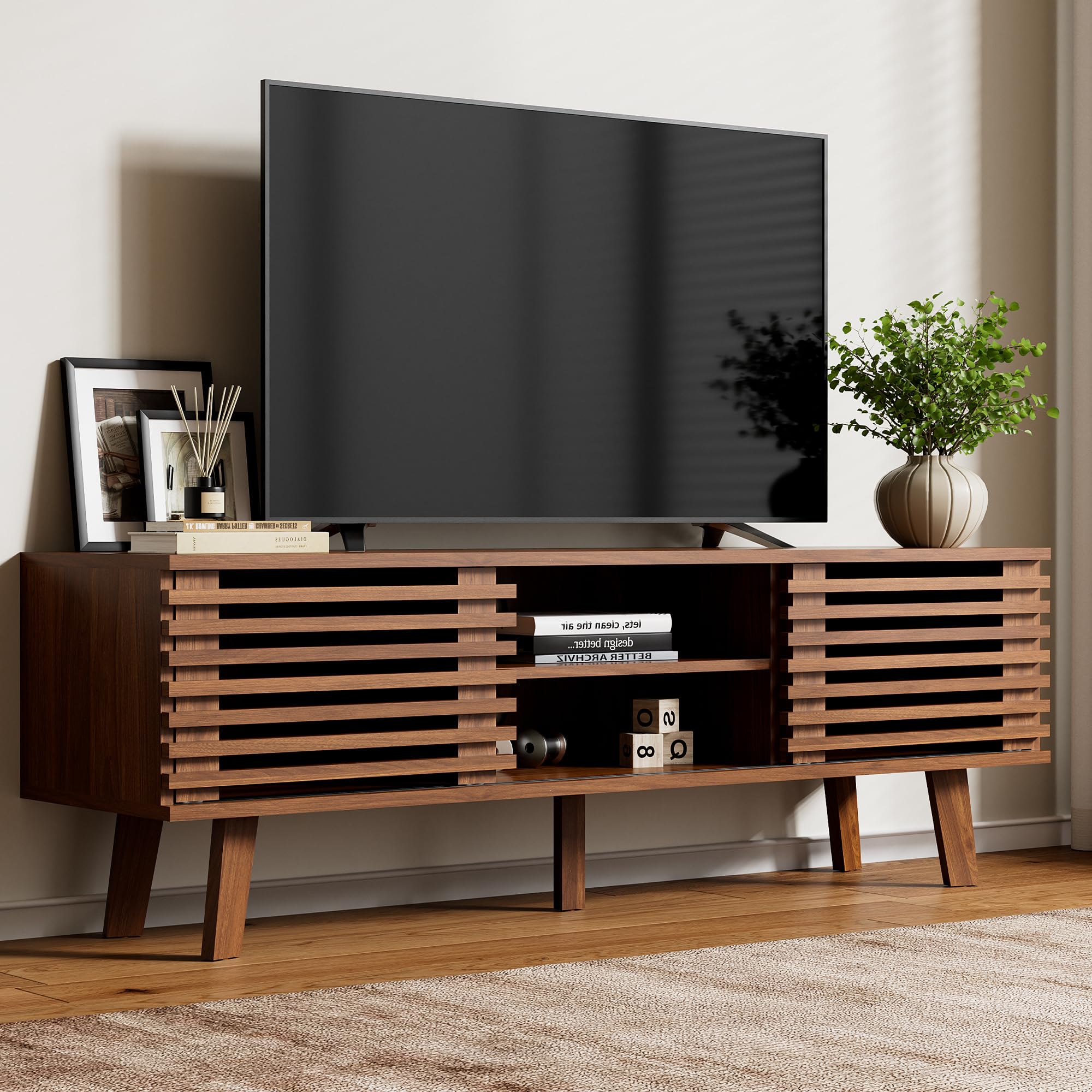 Furniway Mid Century Modern TV Stand for 50/55/60 inch TV, Entertainment Center with Storage & Sliding Door, Wood Media Console, TV Stand for Living