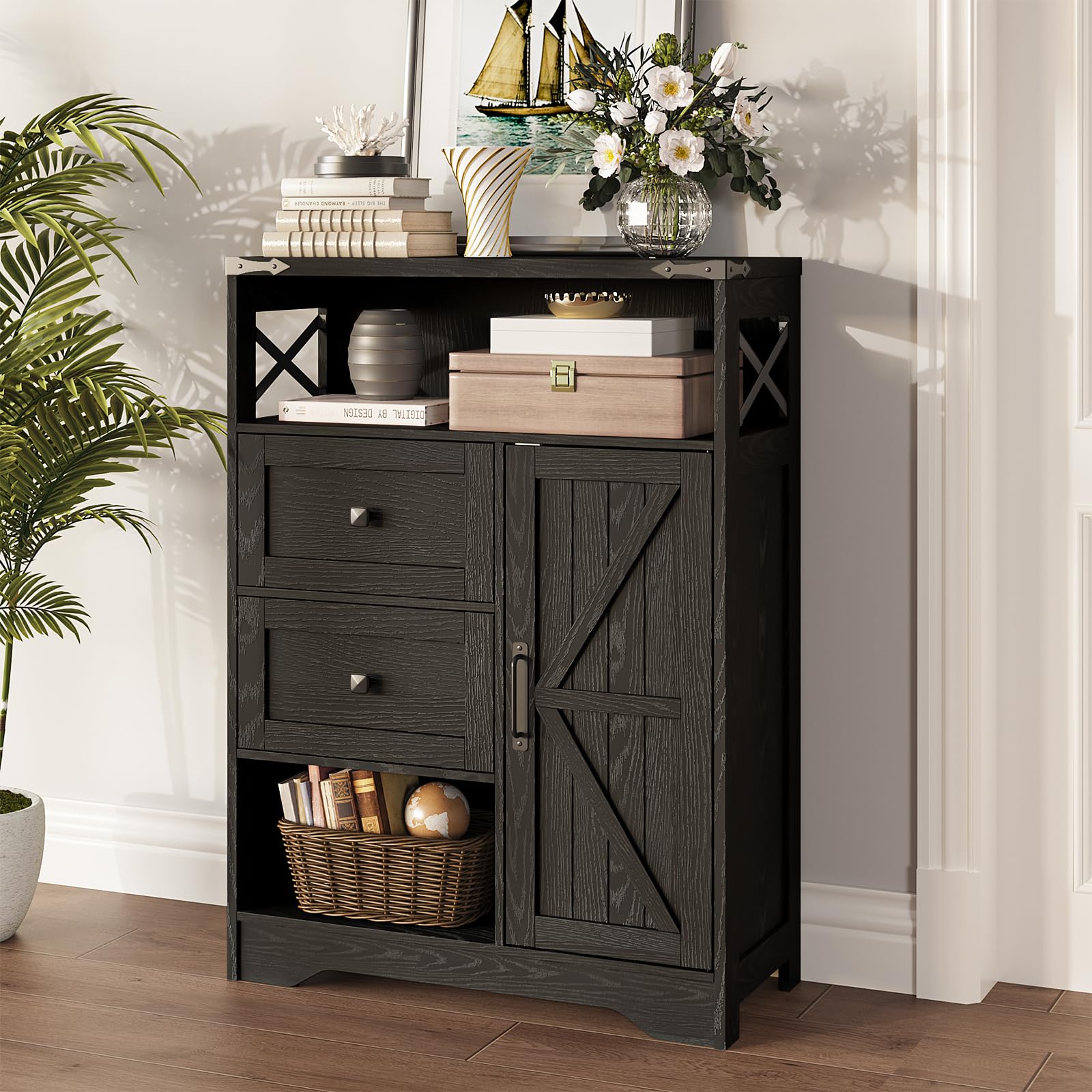 Fameill Farmhouse Storage Cabinet with 2 Drawers & Shelves,Freestanding Kitchen Cabinet with Doors,Floor Storage Organization for Living Room,Bathroom,Laundry,Black