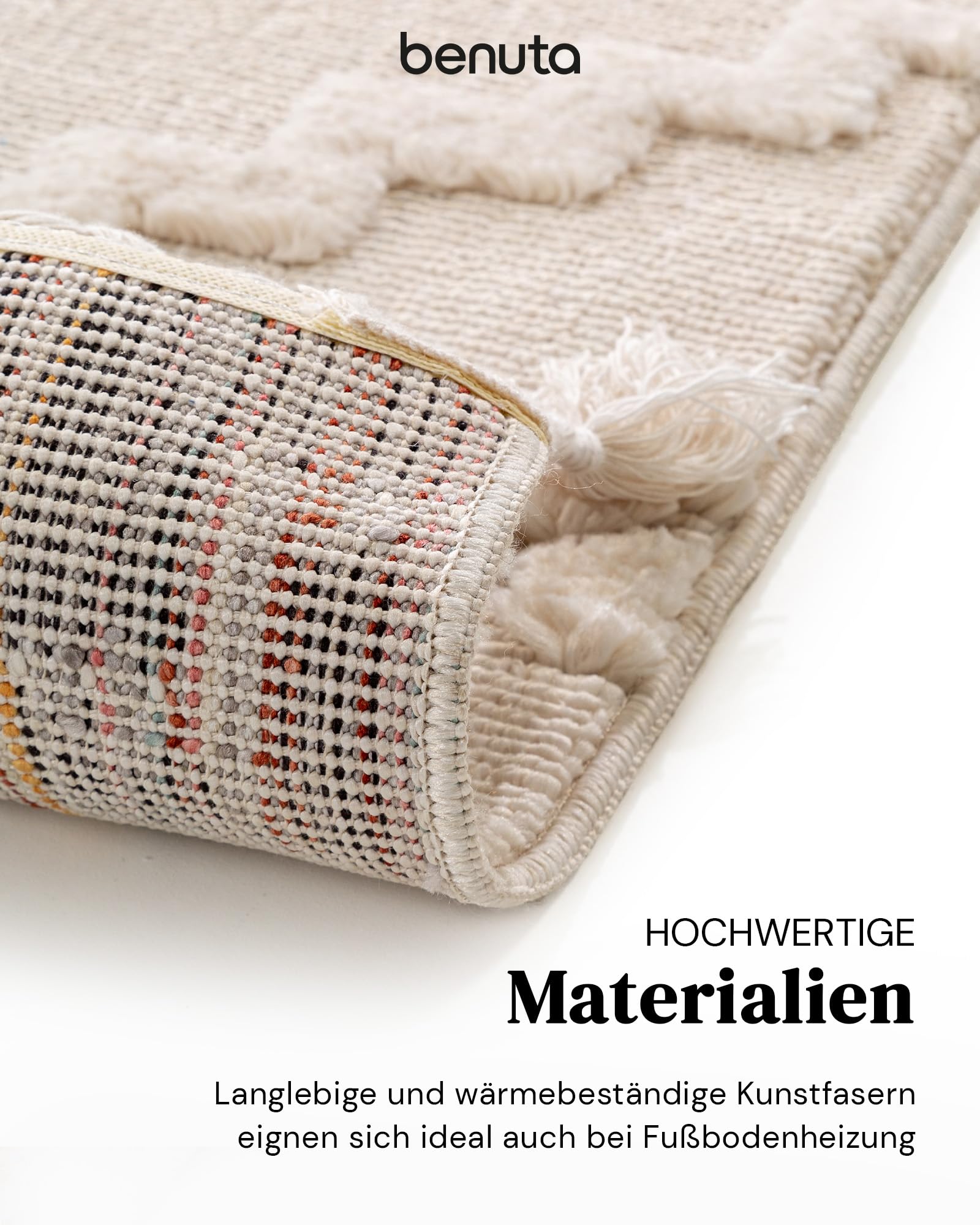 benuta Pop Teppich OYO - Creme 80x150 cm - Eleganter Boho Look Teppich für Schlafzimmer und Wohnzimmer - Maschinengewebt - Für Fußbodenheizung geeignet