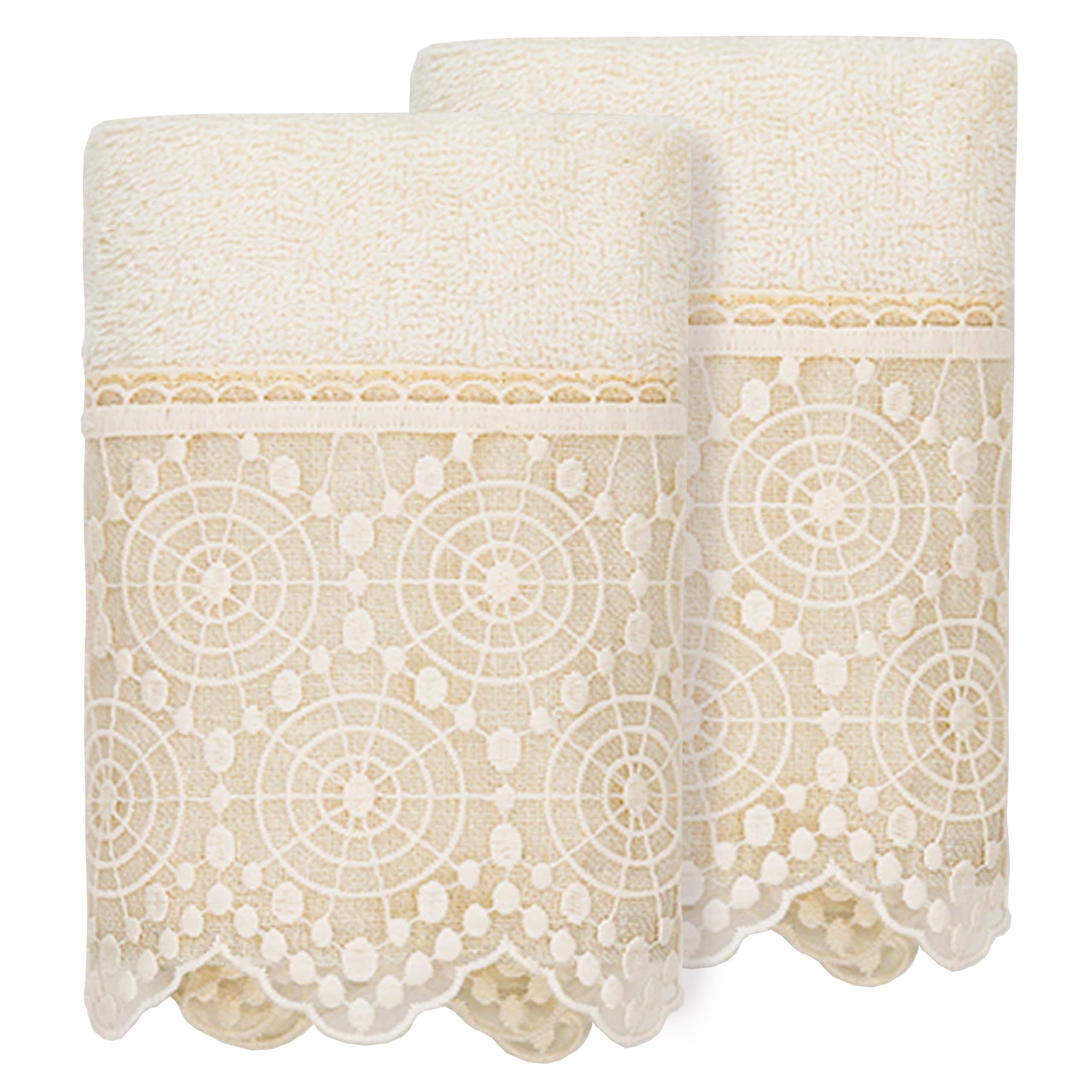 KHALPERA Orbit 2-Piece Washcloths Set, Decorative Lace Detail, Premium Turkish Cotton, Soft & Quick-Dry, Luxurious Touch, 2 Washcloths, Cream