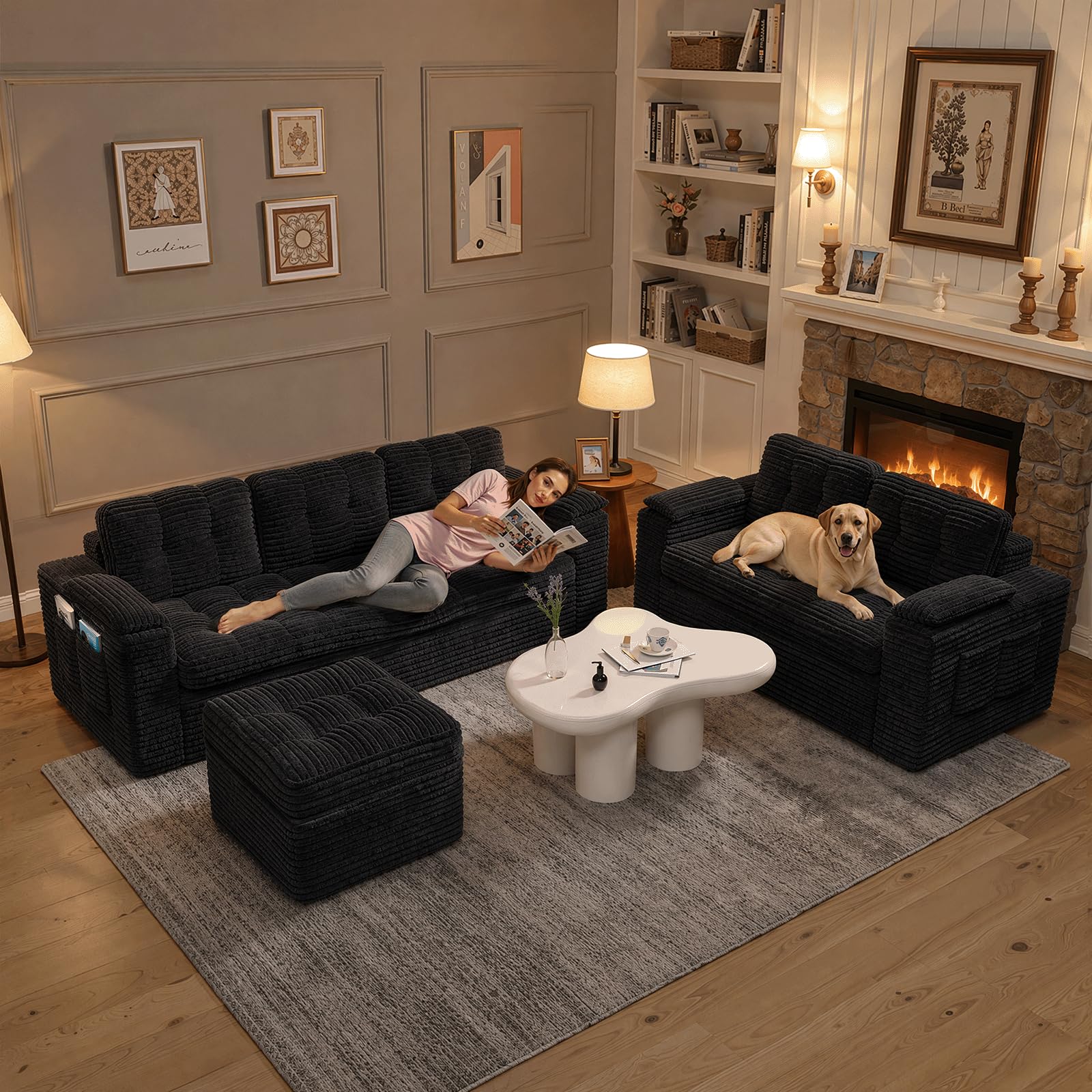 Fabulcozy 3-Sitzer Sofa 210 cm aus Cord mit Fußstütze, Seitentaschen, Armlehnenkissen und 3 Kissen inklusive, Bequeme Polsterung, für Wohnzimmer, Apartment,Schwarz