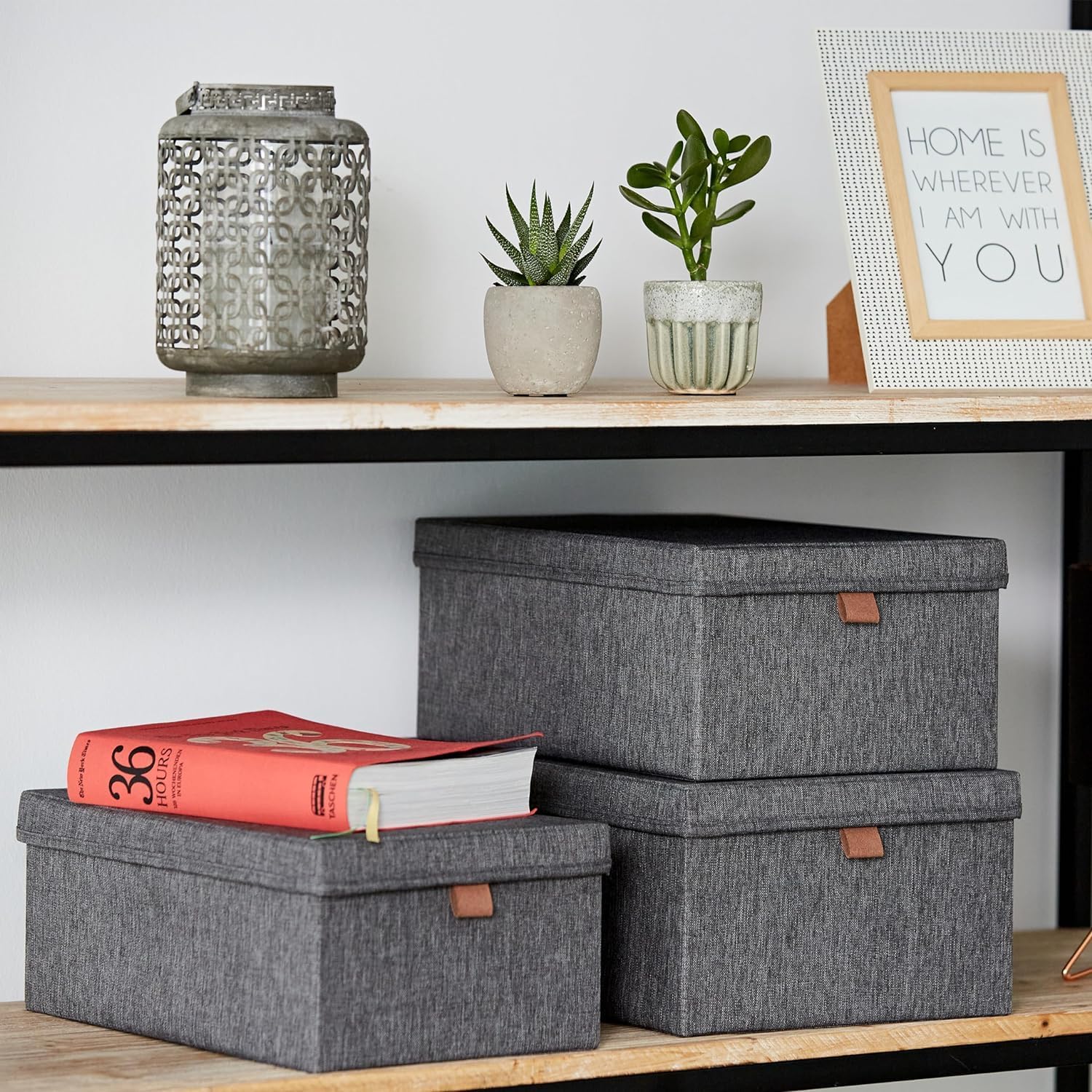 LOVE IT STORE IT - Set di 3 Scatole Portaoggetti in Lino con Coperchio, Rinforzate in Cartone, per Armadio e Casa, Grigio Screziato